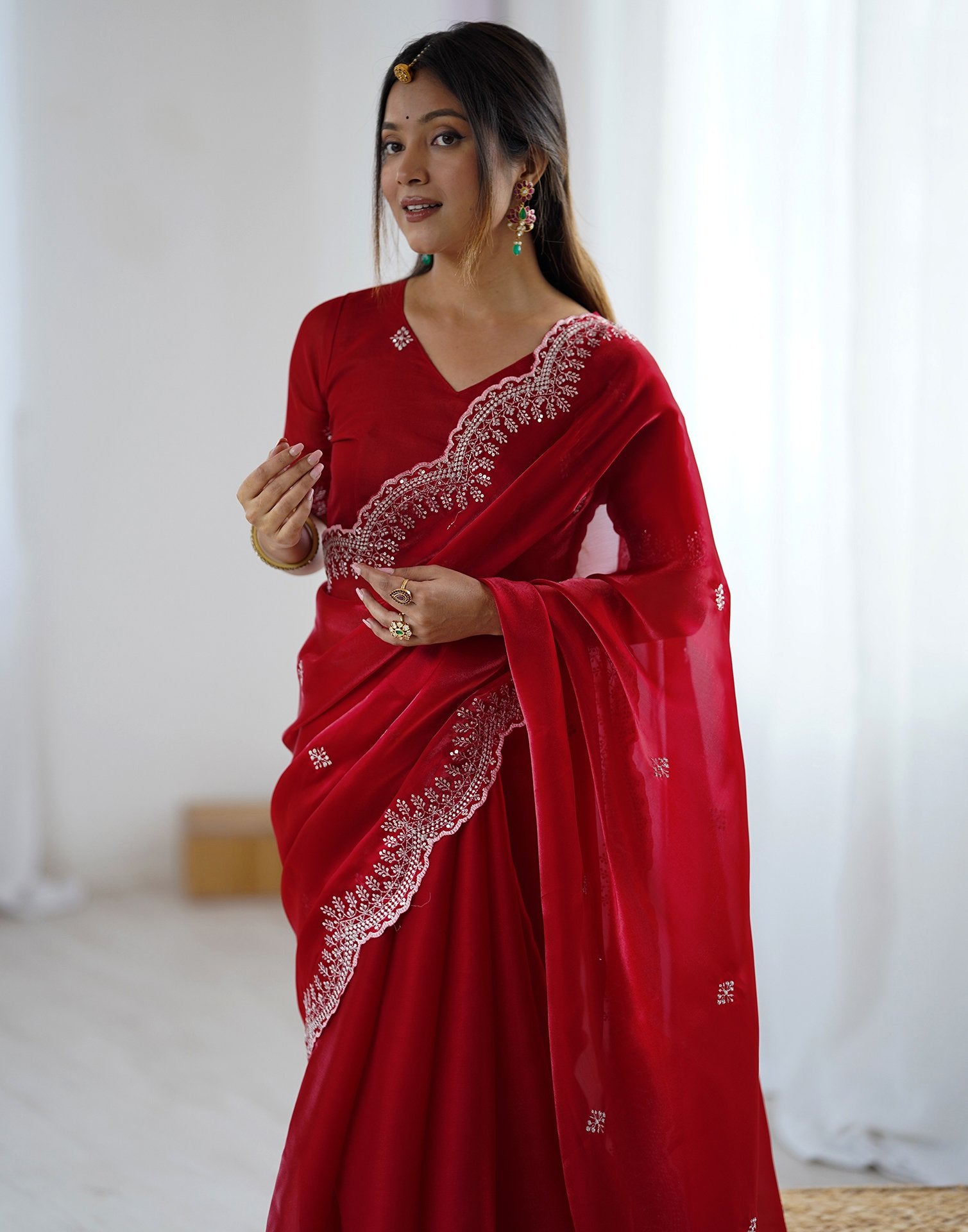 Red Tissue Silk Embroidery Saree