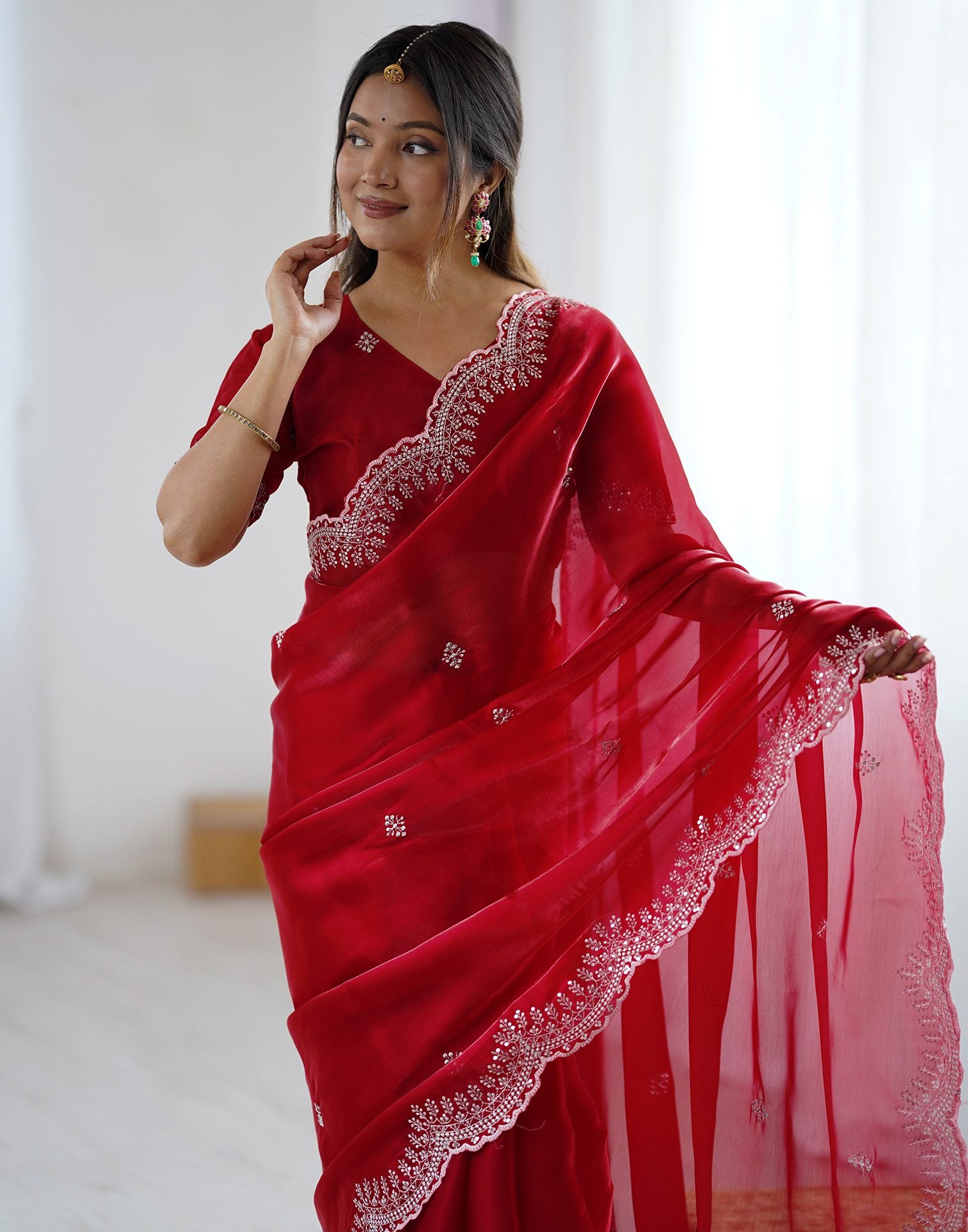 Red Tissue Silk Embroidery Saree