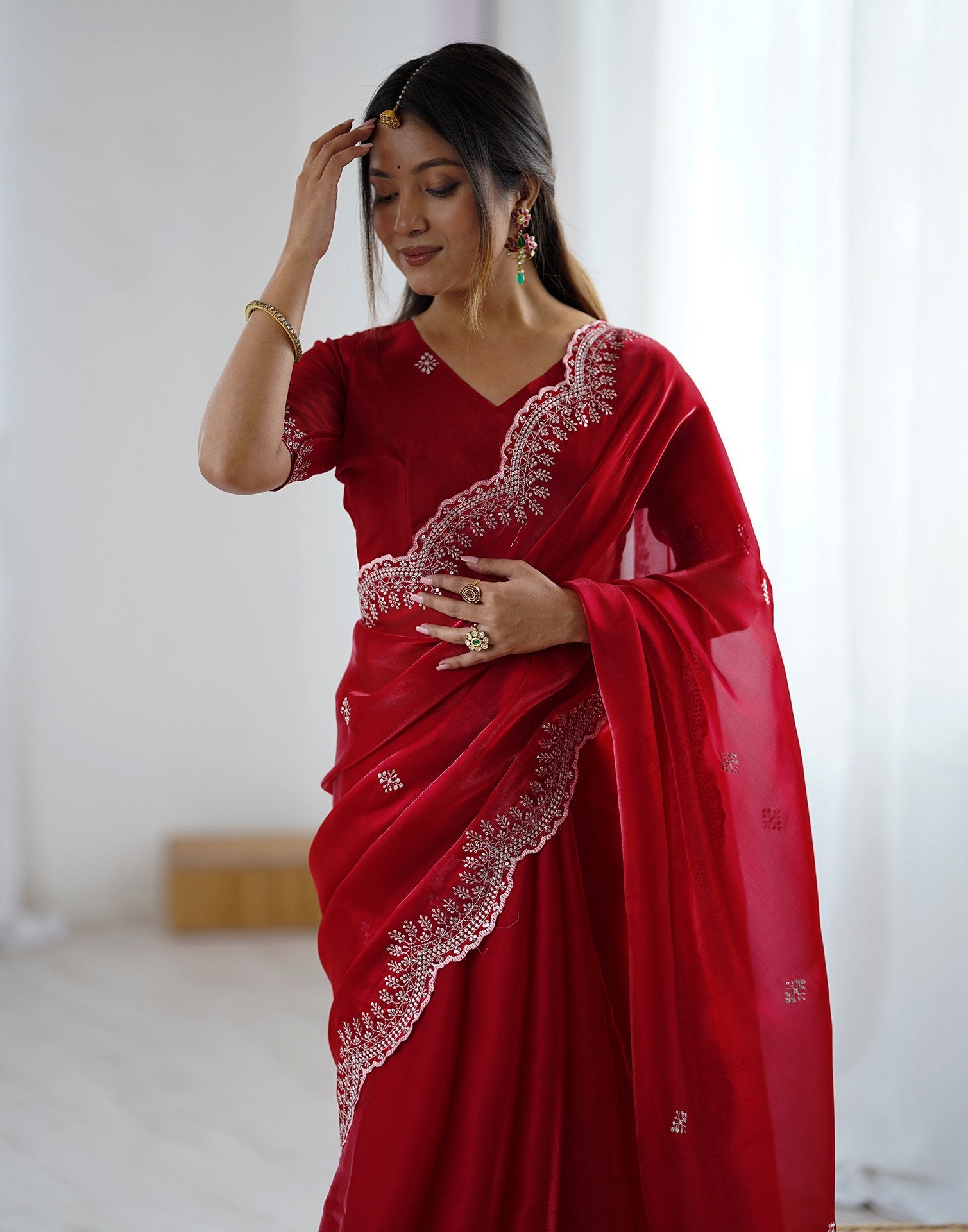 Red Tissue Silk Embroidery Saree