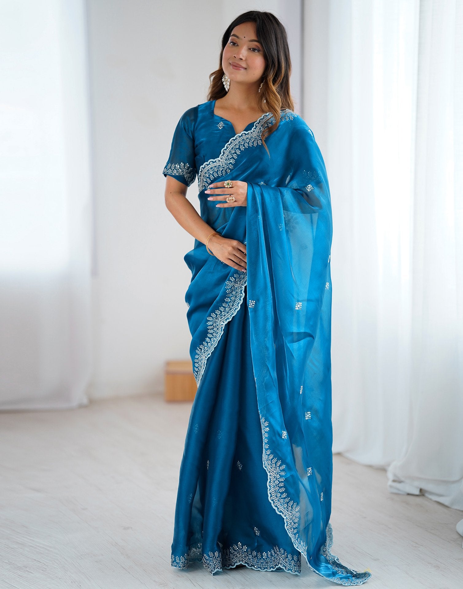 Peacock Blue Tissue Silk Embroidery Saree