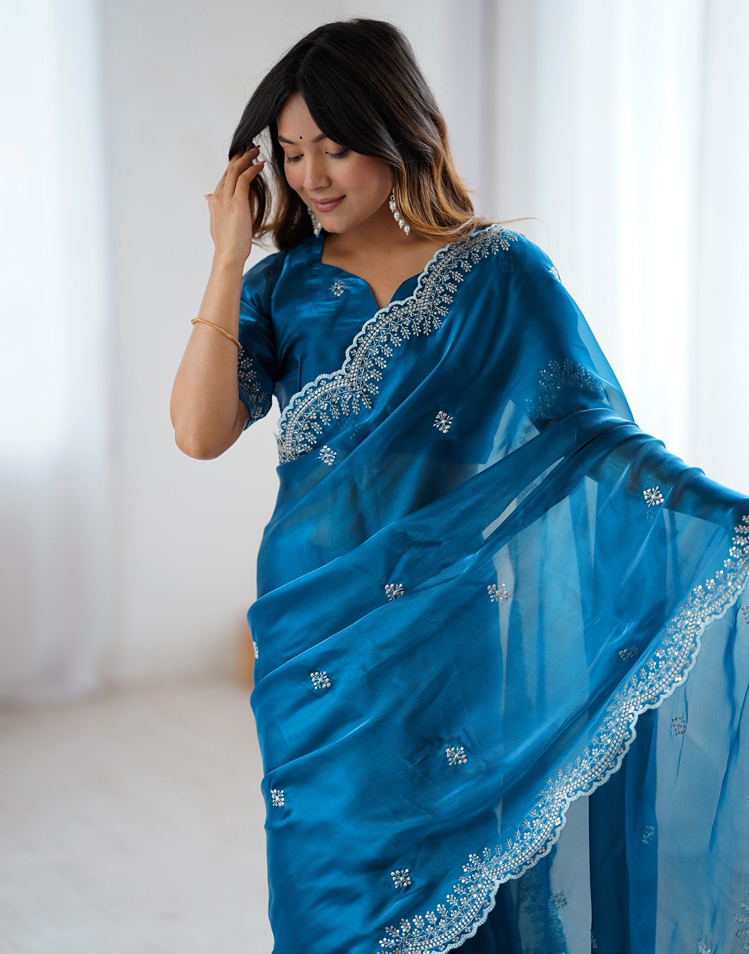 Peacock Blue Tissue Silk Embroidery Saree
