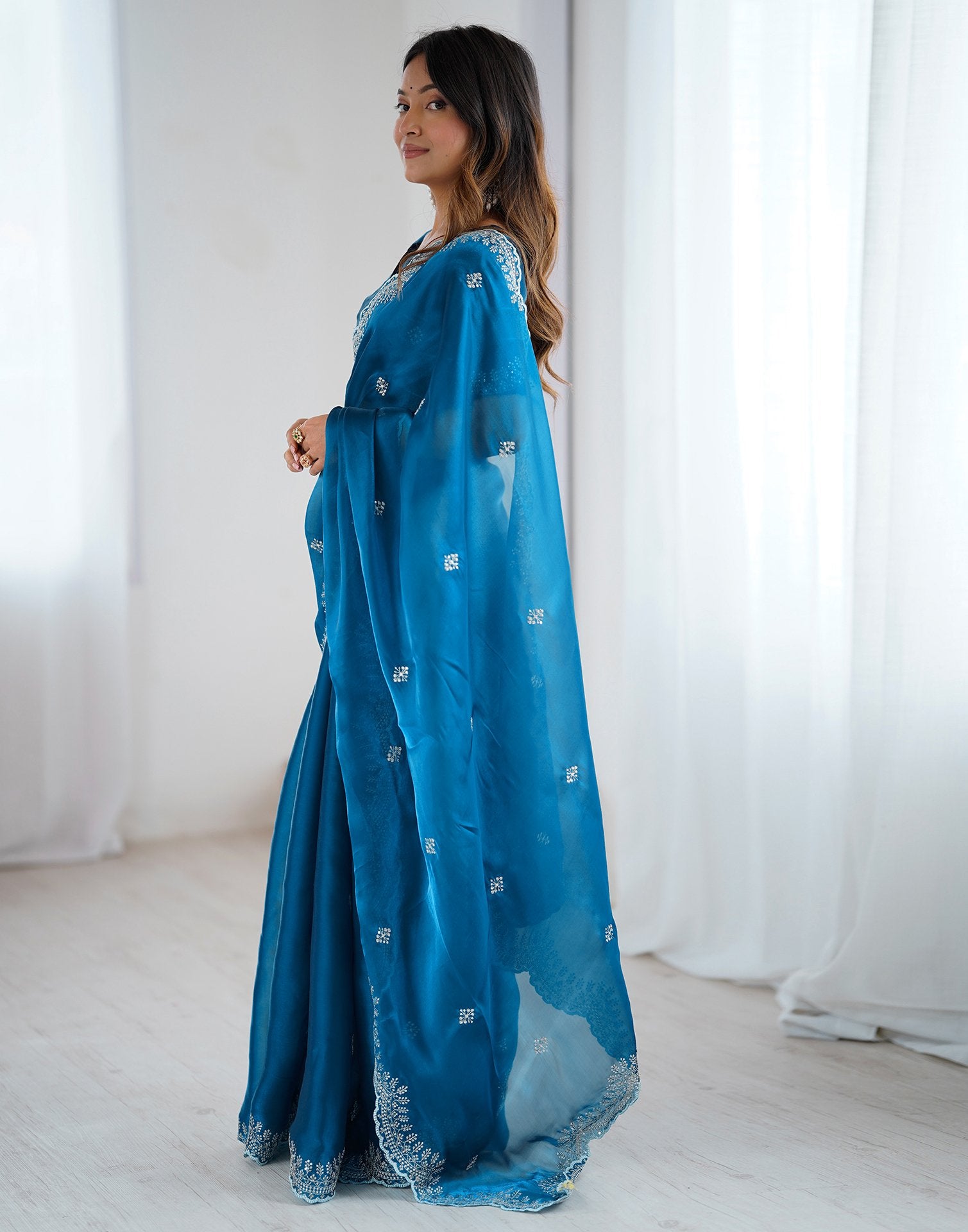 Peacock Blue Tissue Silk Embroidery Saree