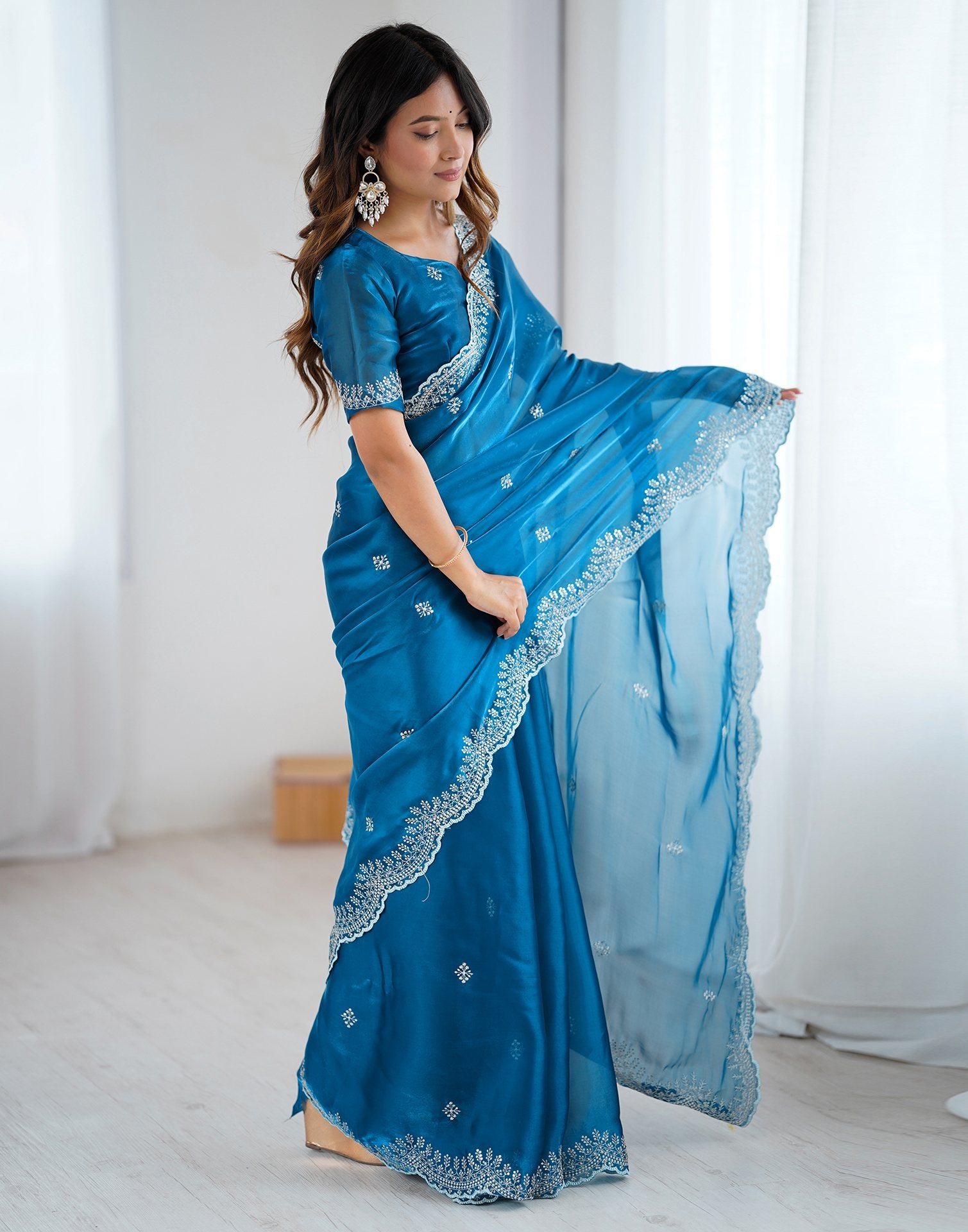 Peacock Blue Tissue Silk Embroidery Saree