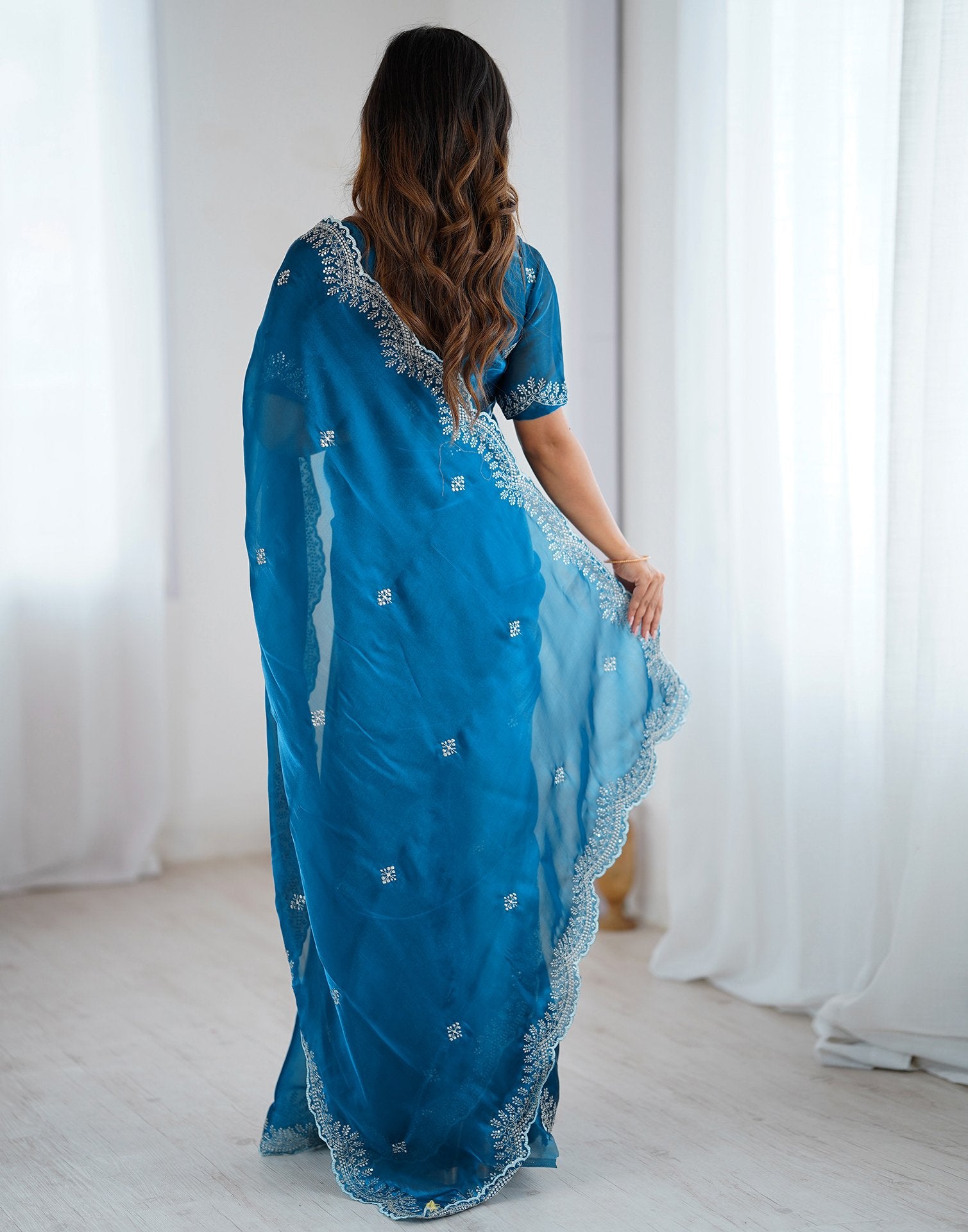 Peacock Blue Tissue Silk Embroidery Saree