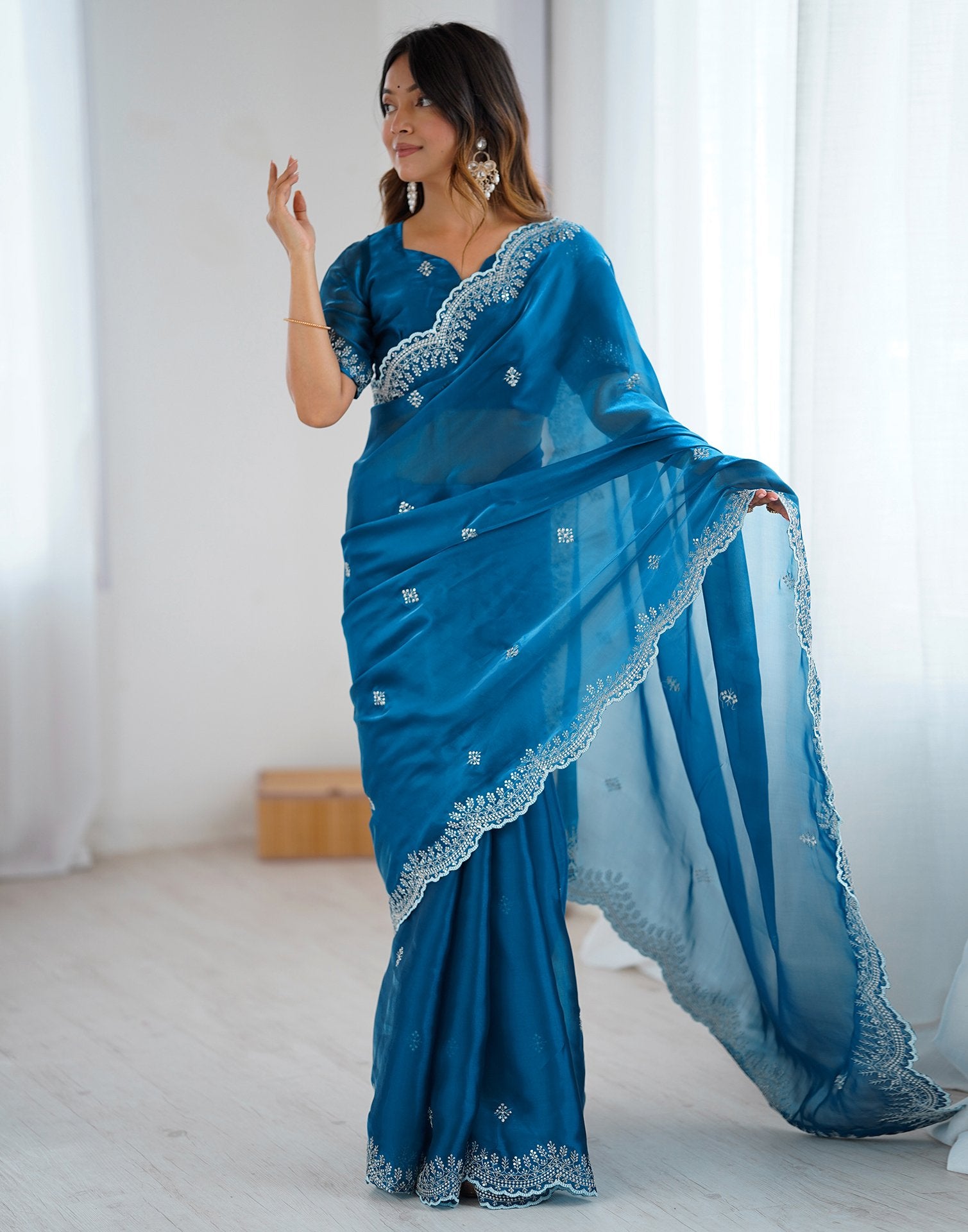Peacock Blue Tissue Silk Embroidery Saree