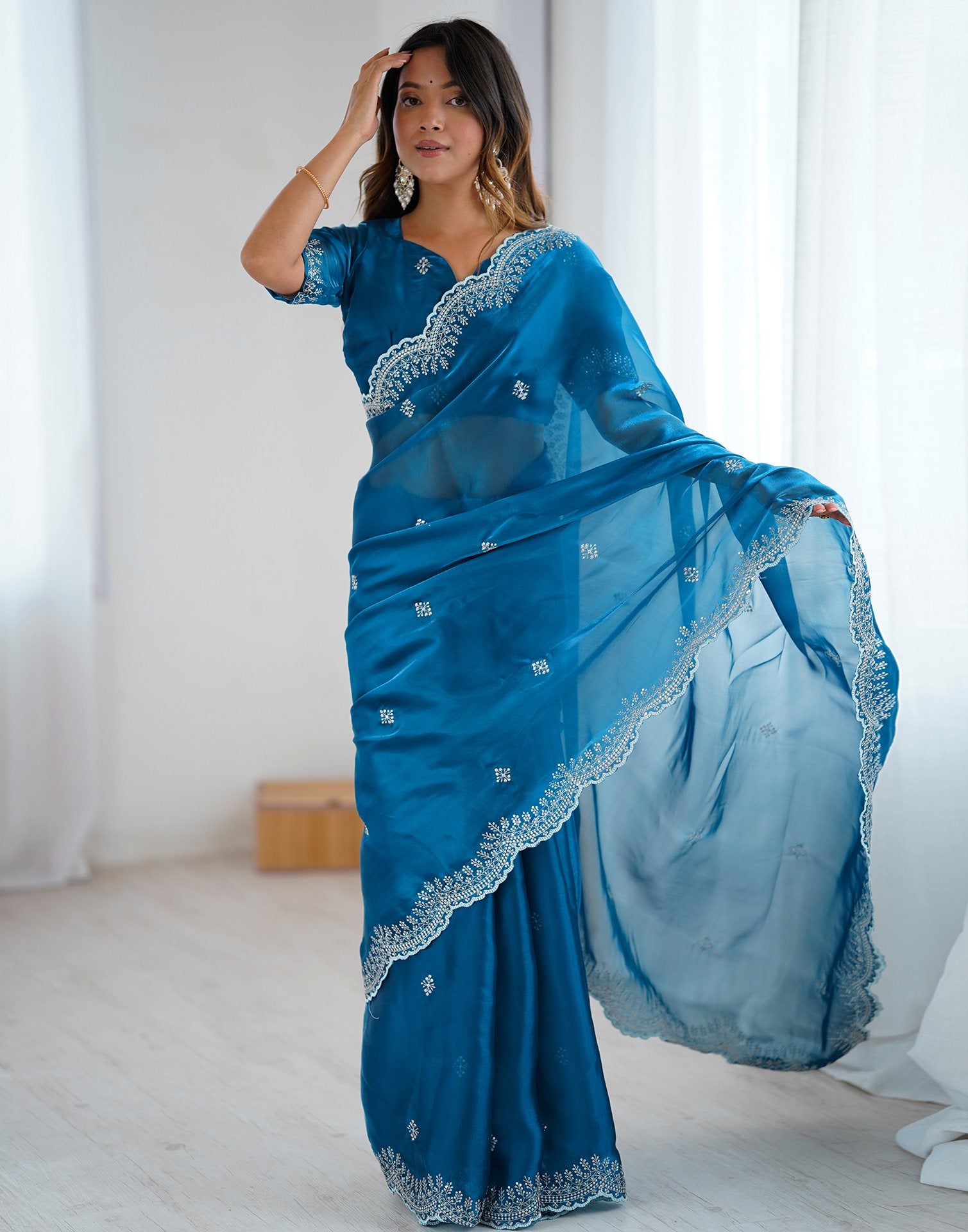 Peacock Blue Tissue Silk Embroidery Saree