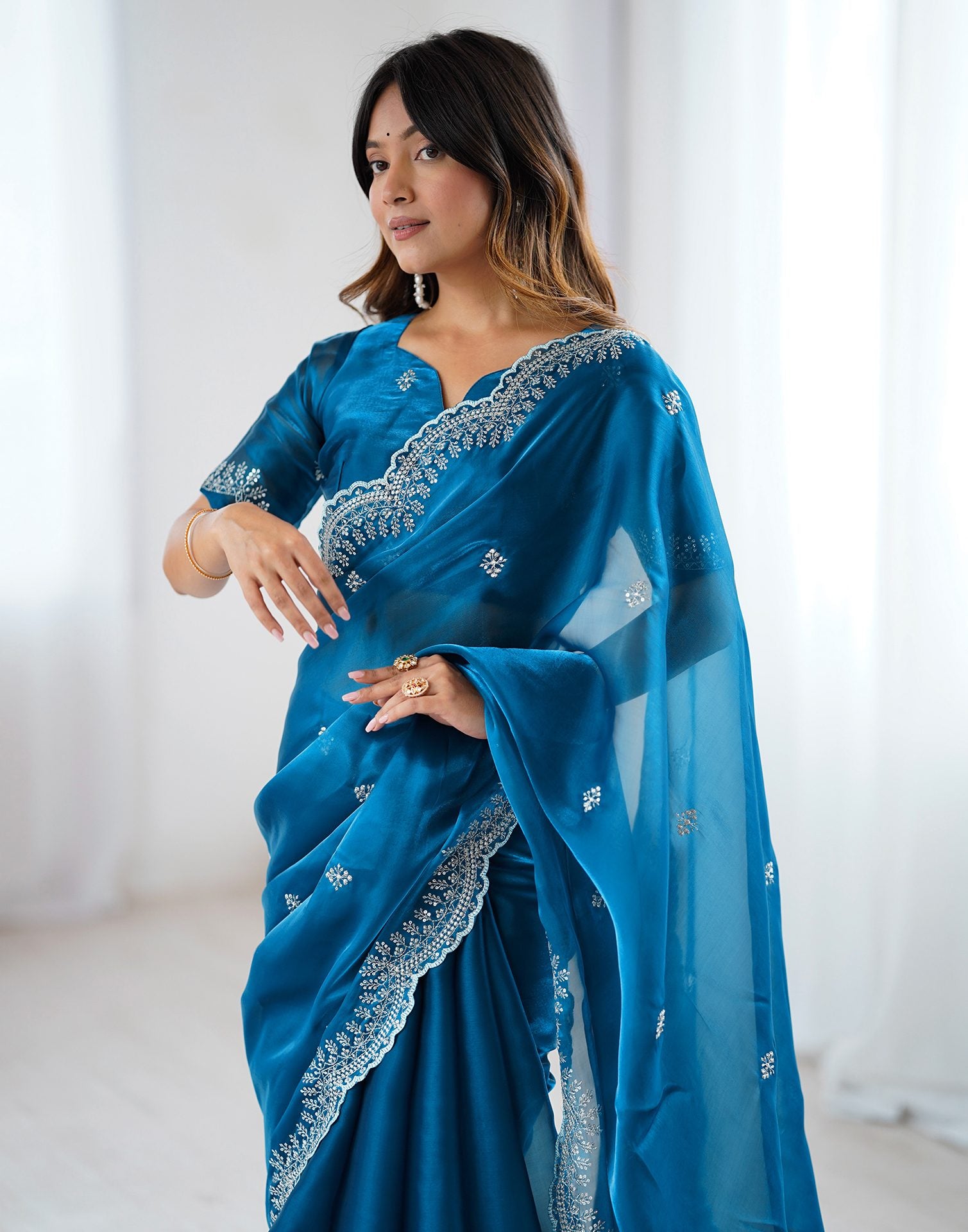 Peacock Blue Tissue Silk Embroidery Saree