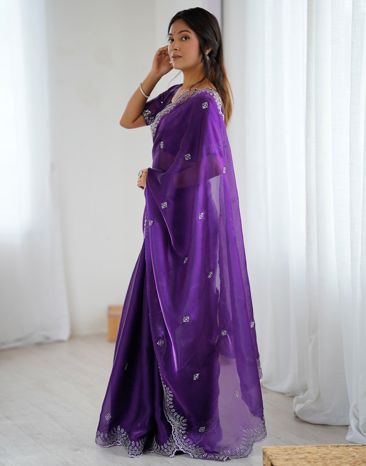 Dark Purple Tissue Silk Embroidery Saree
