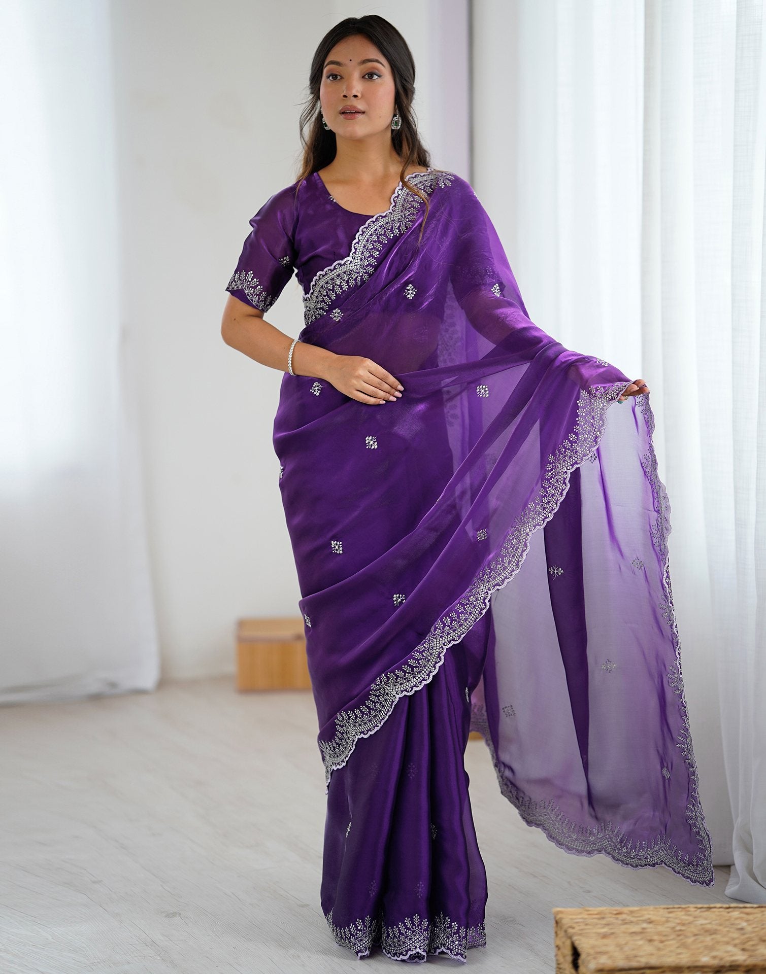 Dark Purple Tissue Silk Embroidery Saree