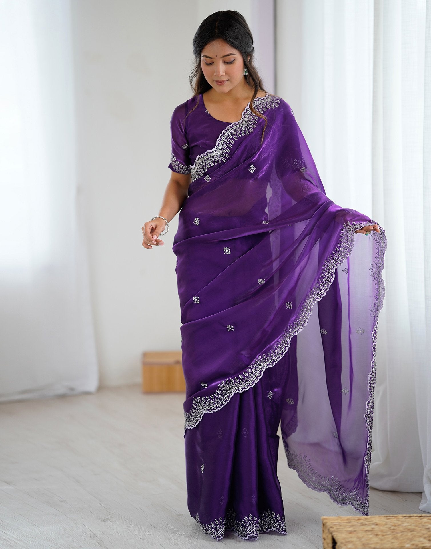 Dark Purple Tissue Silk Embroidery Saree