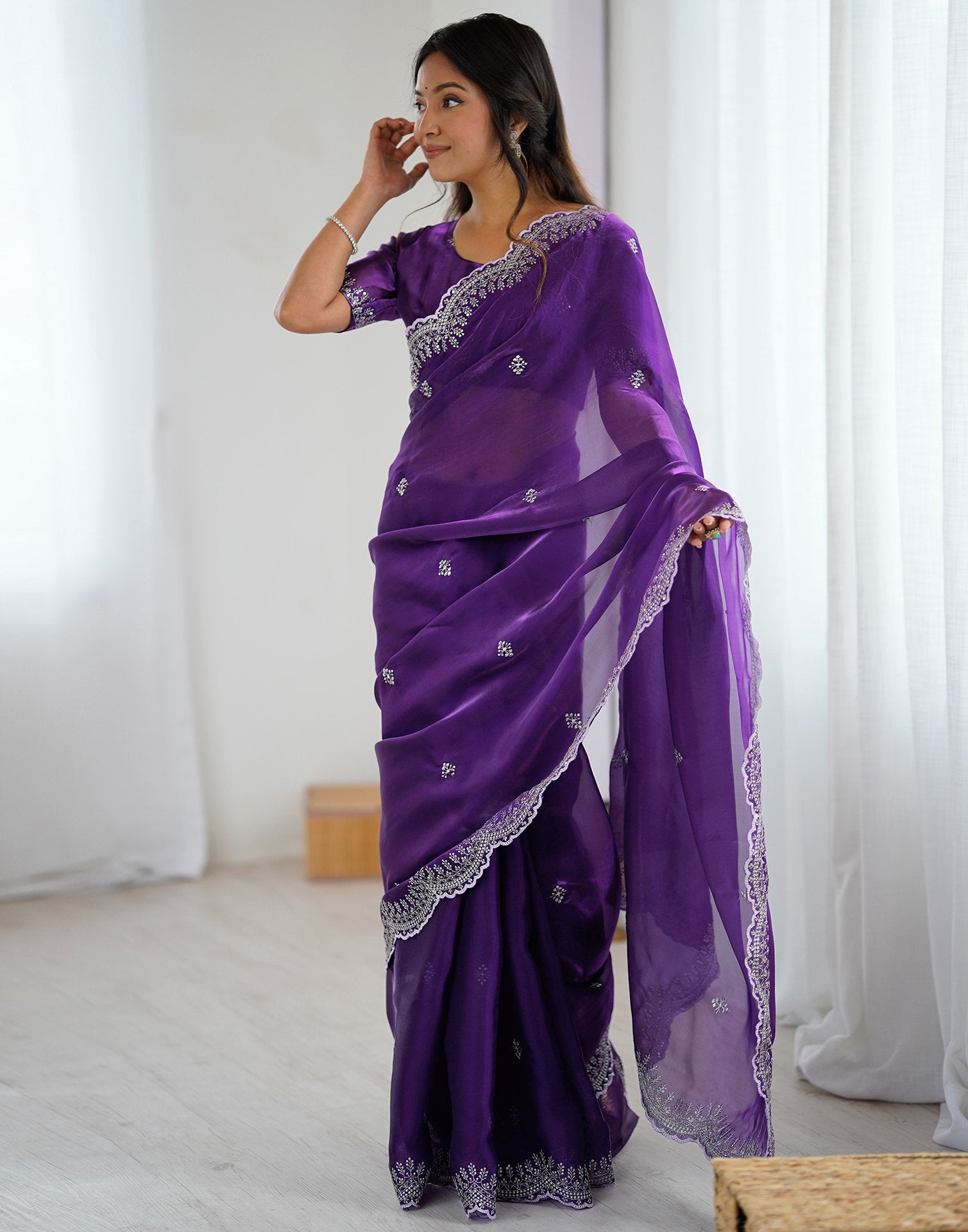 Dark Purple Tissue Silk Embroidery Saree