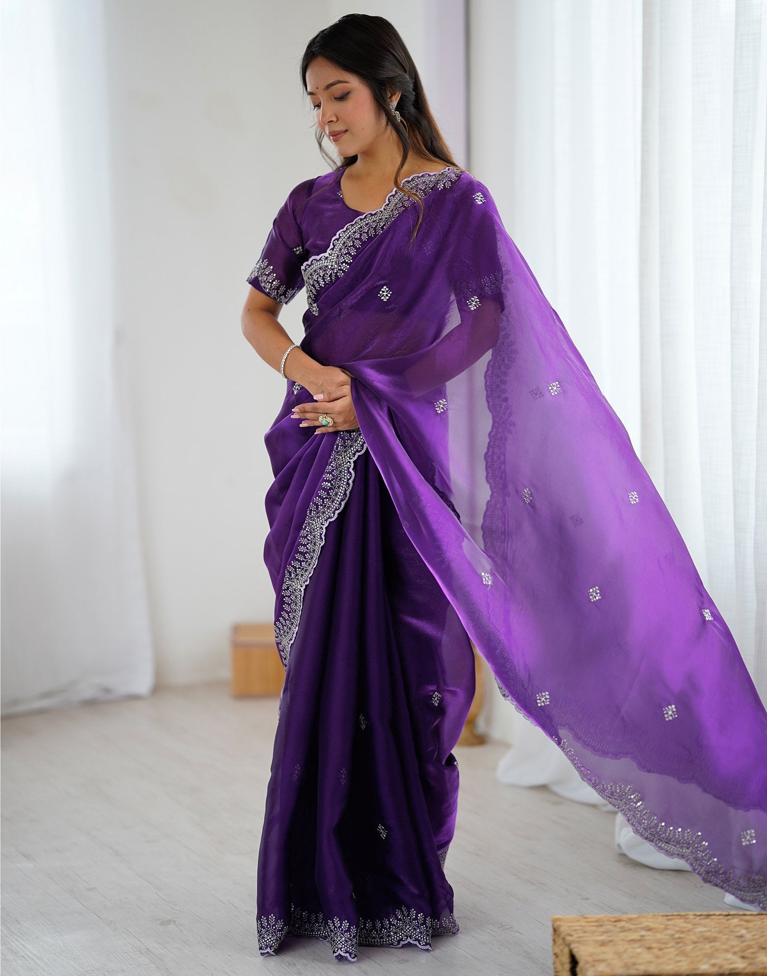 Dark Purple Tissue Silk Embroidery Saree