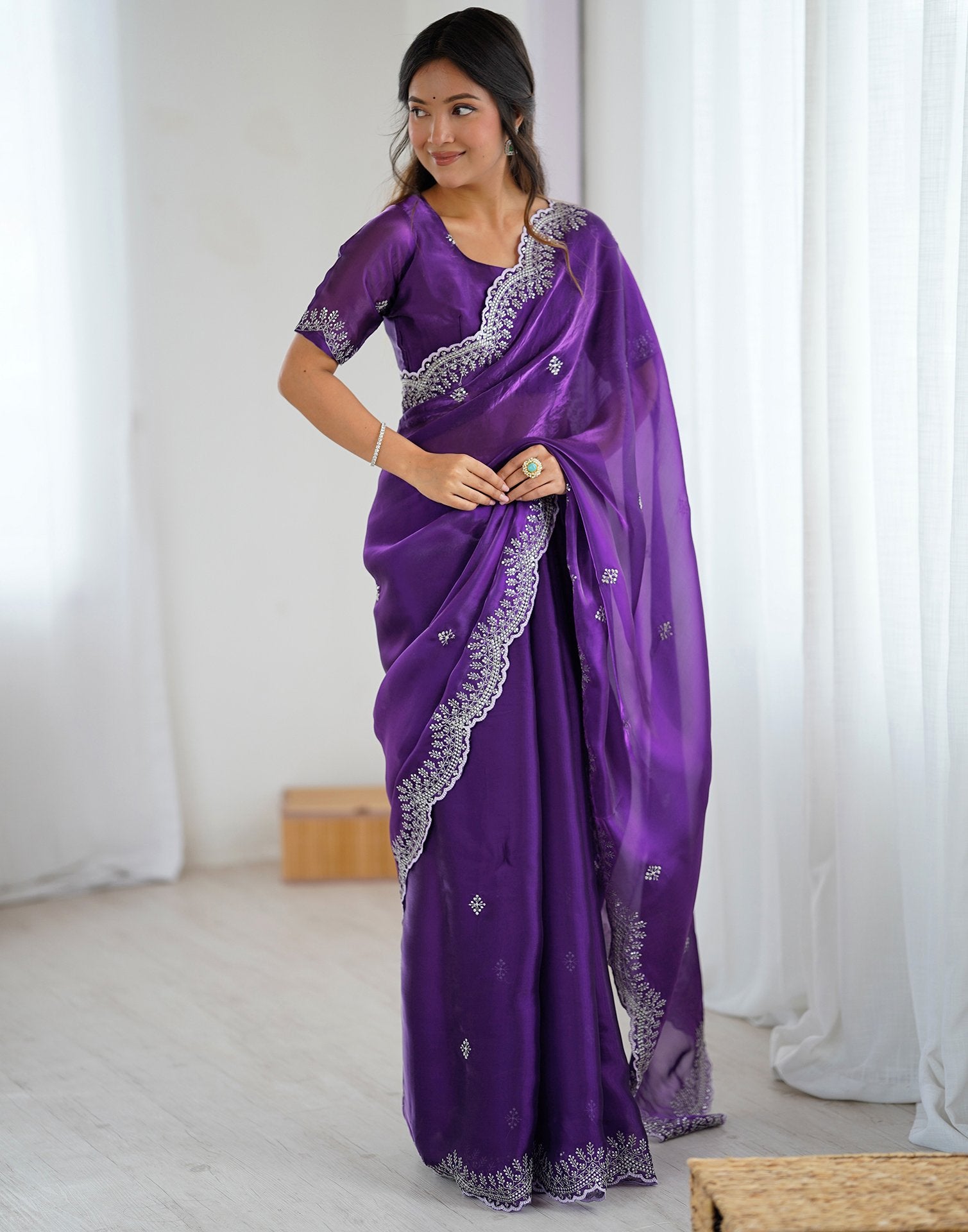 Dark Purple Tissue Silk Embroidery Saree