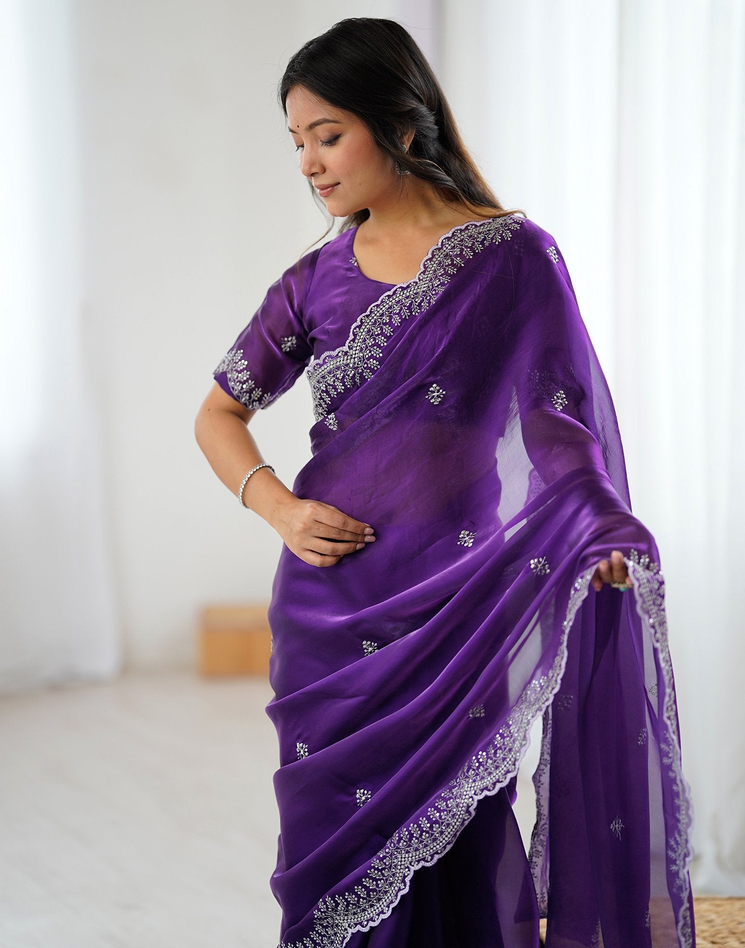 Dark Purple Tissue Silk Embroidery Saree