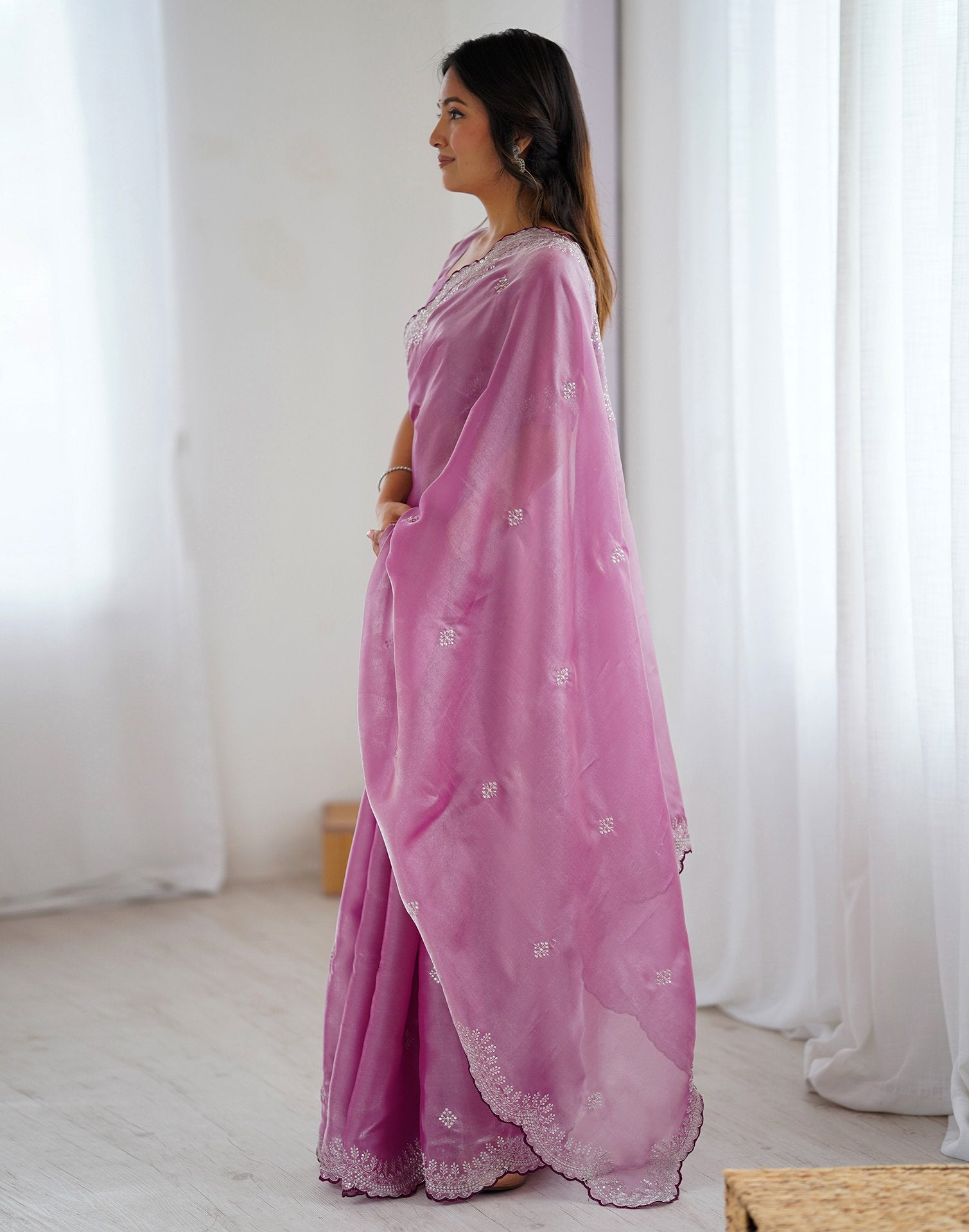 Pink Tissue Silk Embroidery Saree