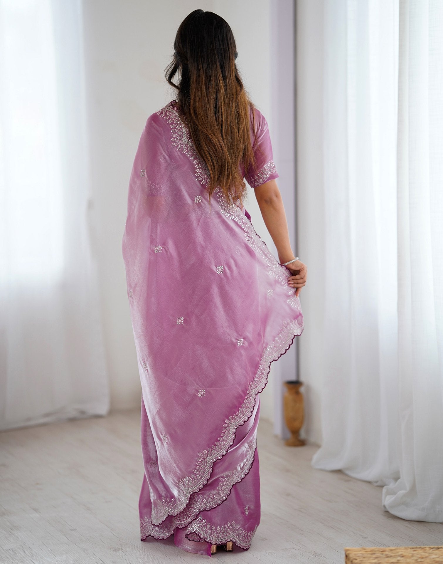 Pink Tissue Silk Embroidery Saree