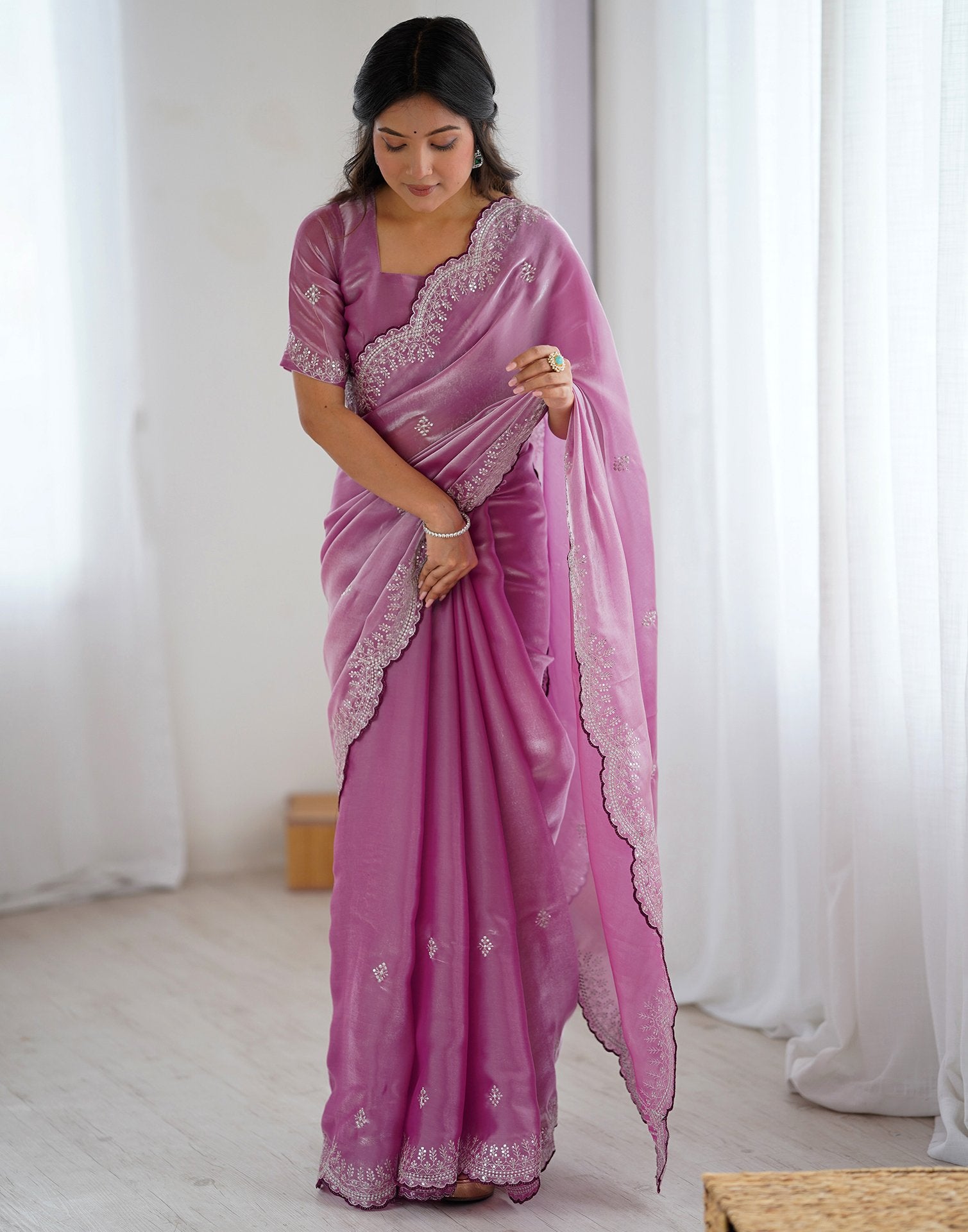 Pink Tissue Silk Embroidery Saree