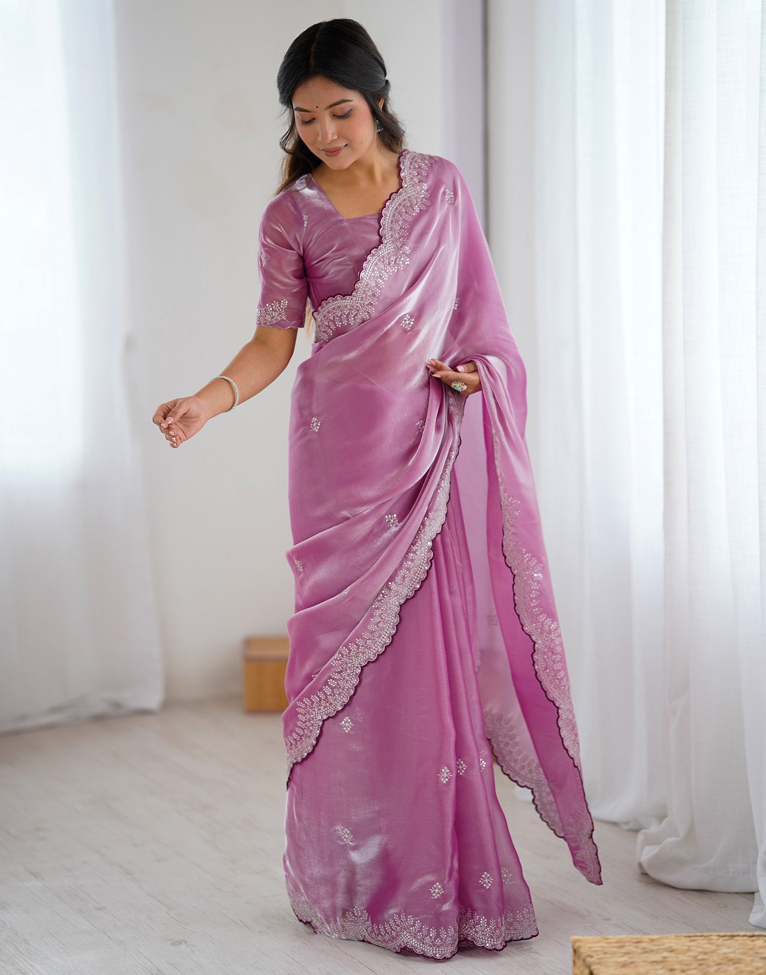 Pink Tissue Silk Embroidery Saree
