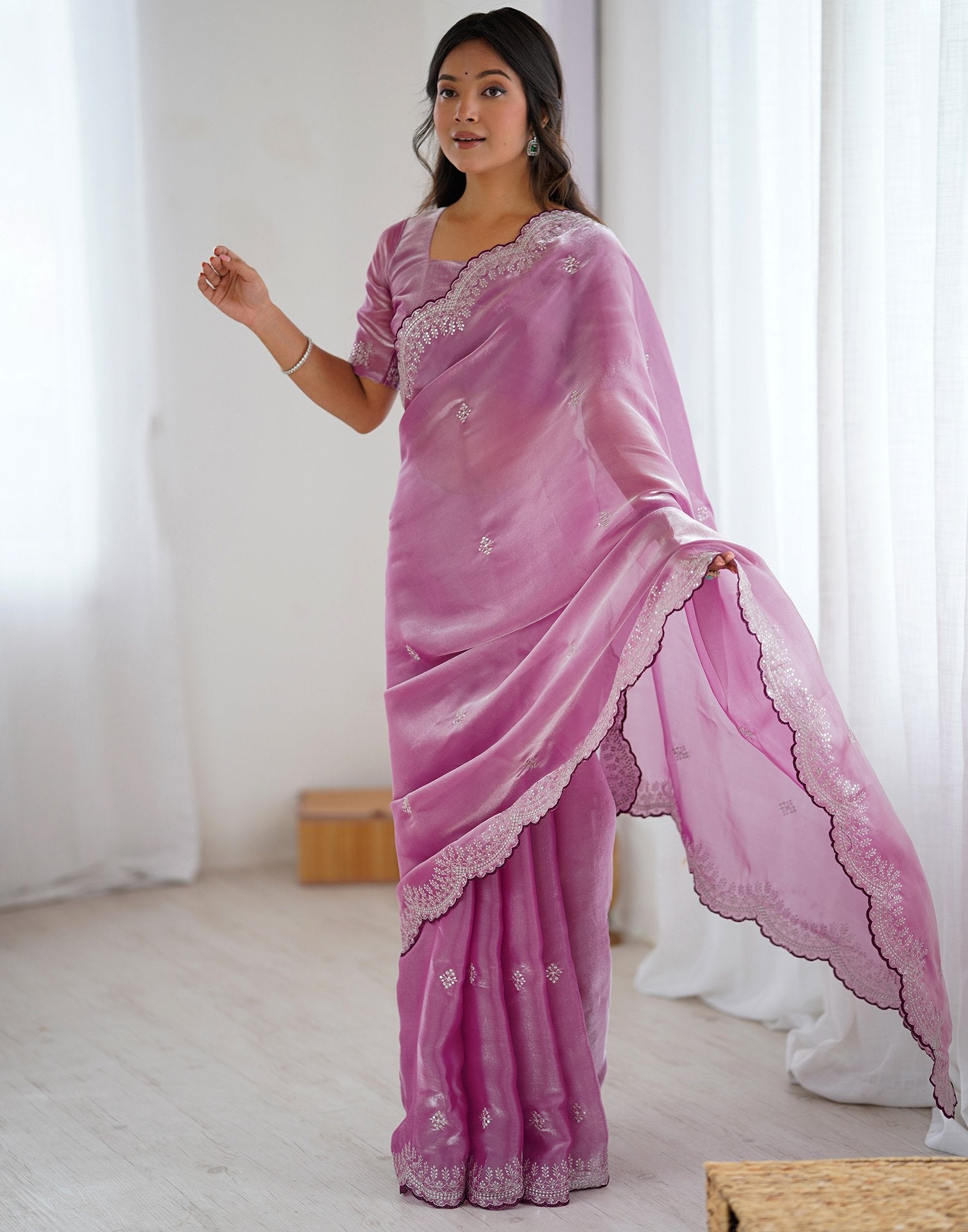 Pink Tissue Silk Embroidery Saree