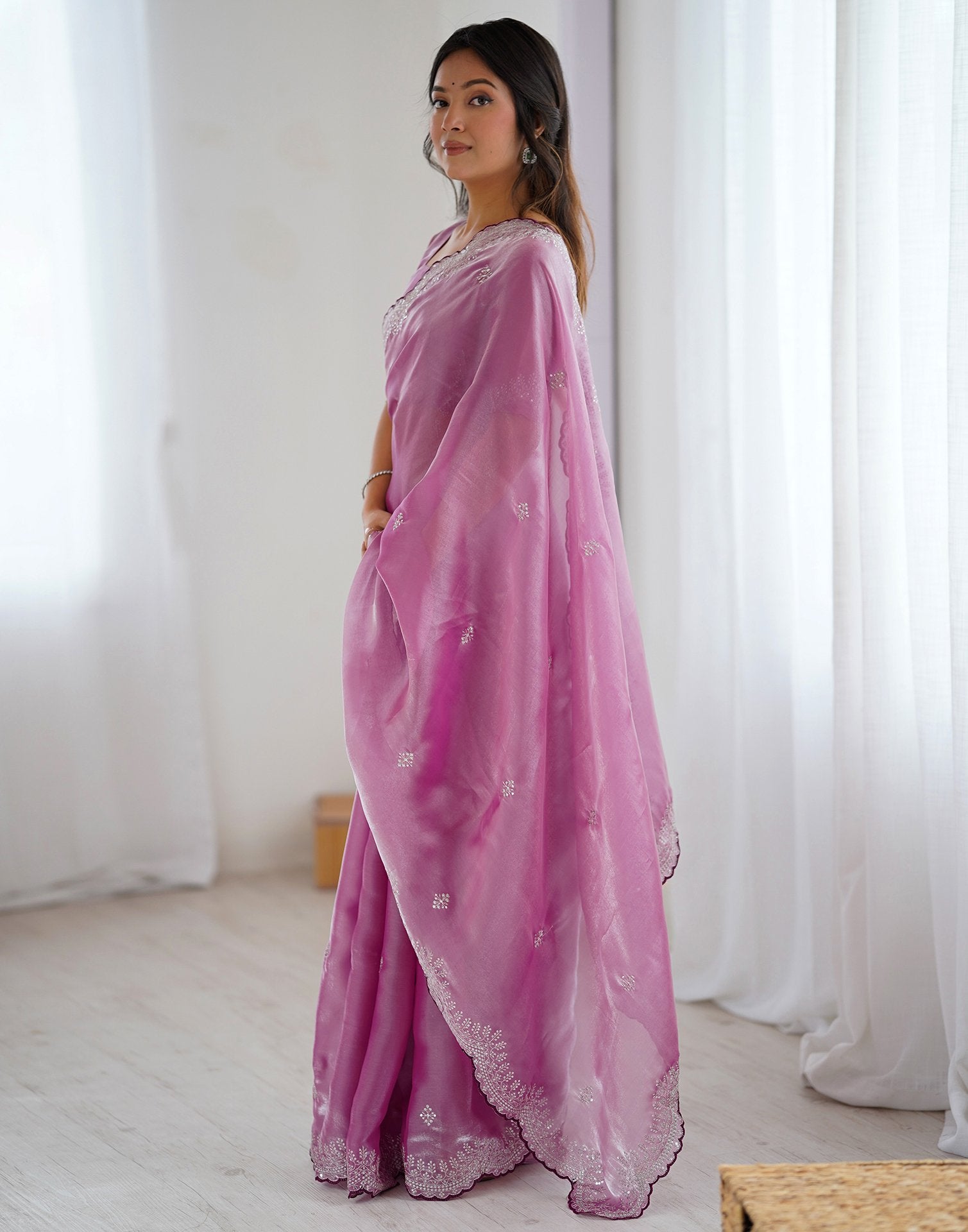 Pink Tissue Silk Embroidery Saree