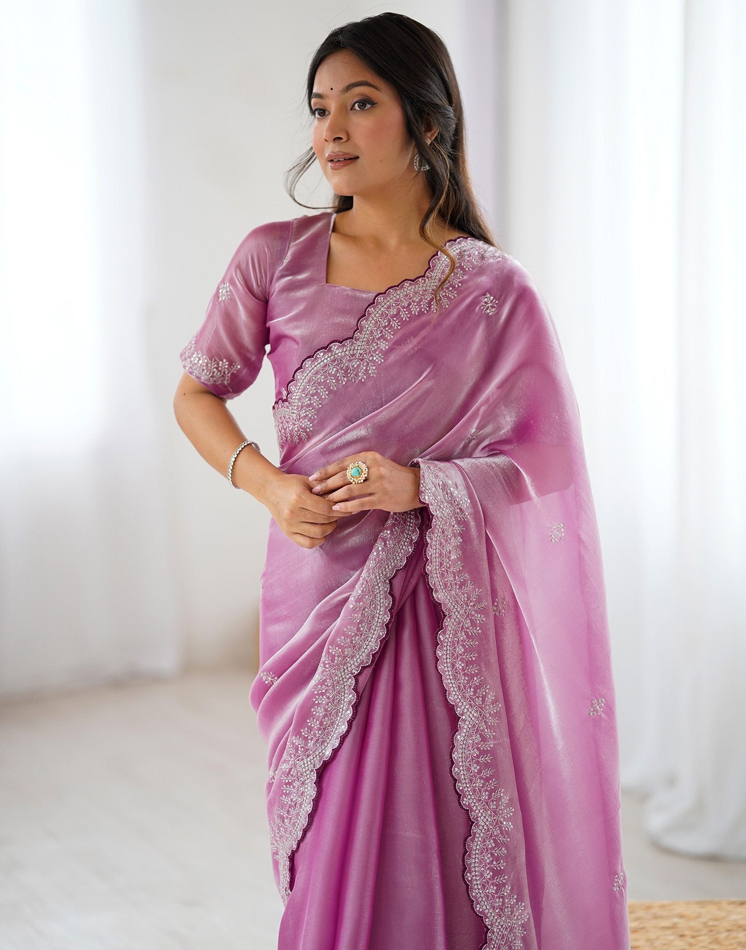 Pink Tissue Silk Embroidery Saree