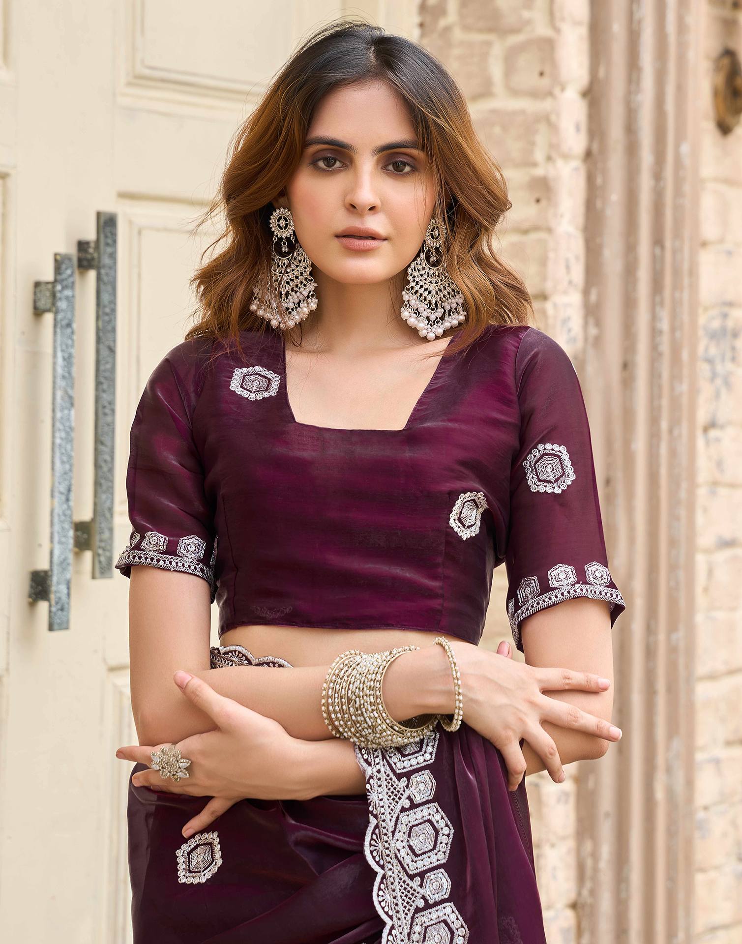 Wine Tissue Silk Sequence Embroidery Saree