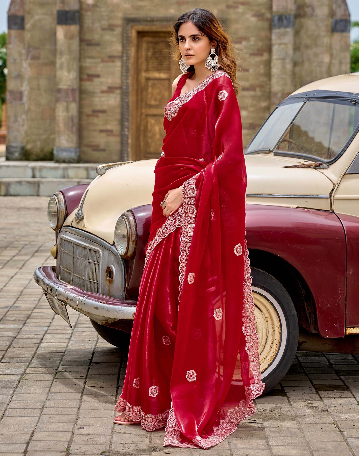 Red Tissue Silk Sequence Embroidery Saree