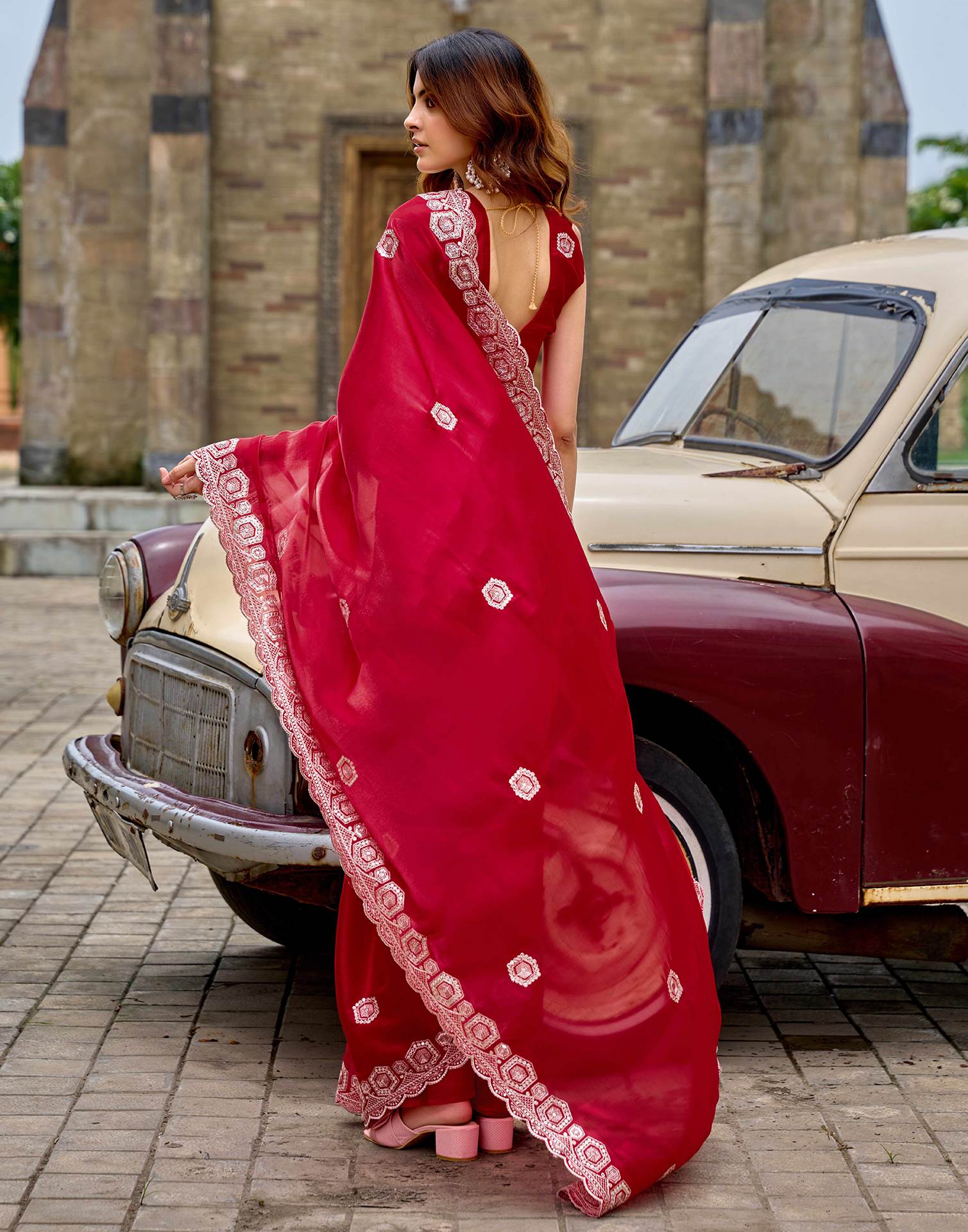 Red Tissue Silk Sequence Embroidery Saree