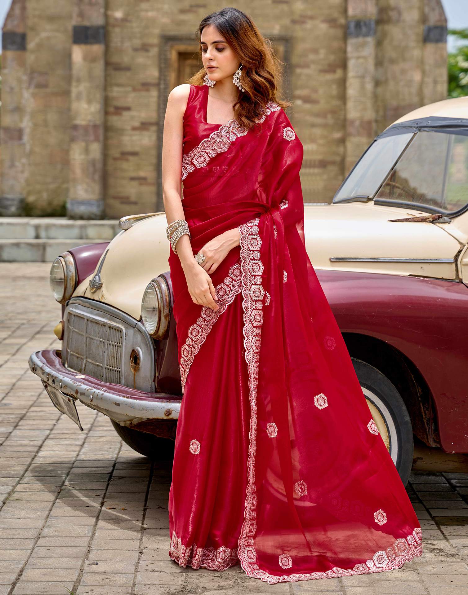 Red Tissue Silk Sequence Embroidery Saree