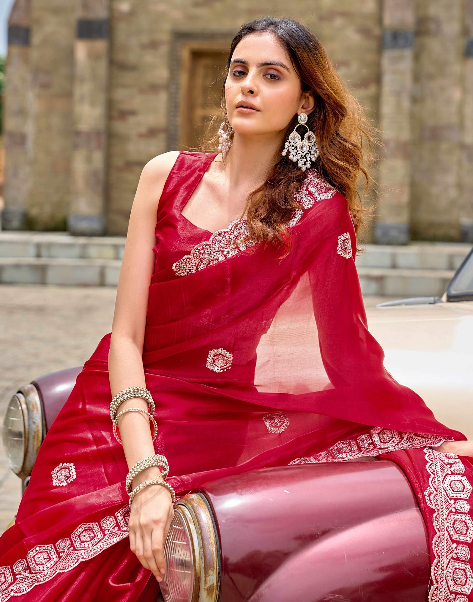Red Tissue Silk Sequence Embroidery Saree