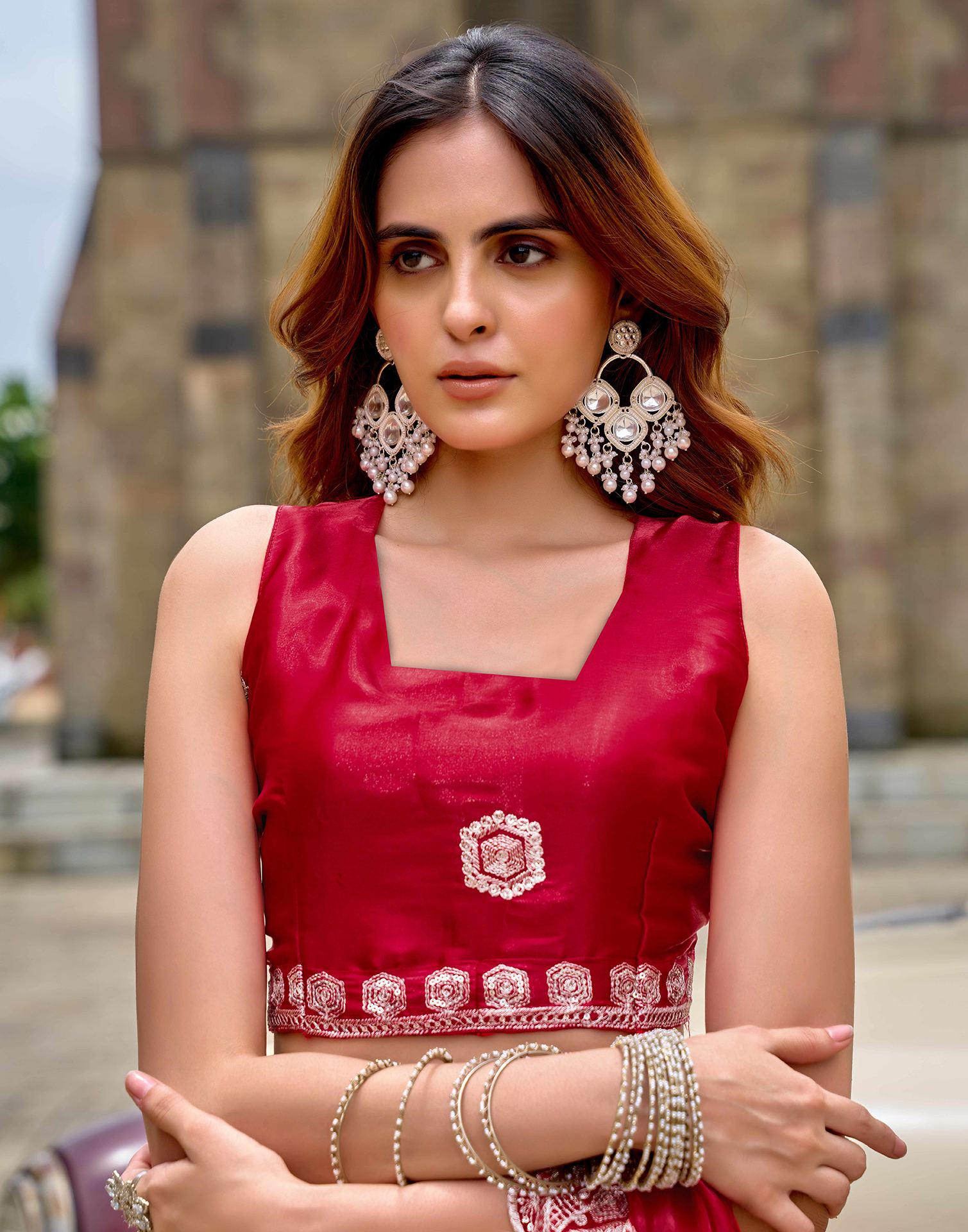 Red Tissue Silk Sequence Embroidery Saree