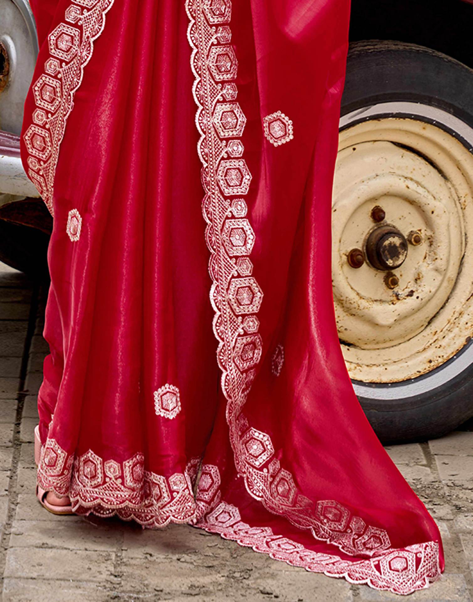 Red Tissue Silk Sequence Embroidery Saree