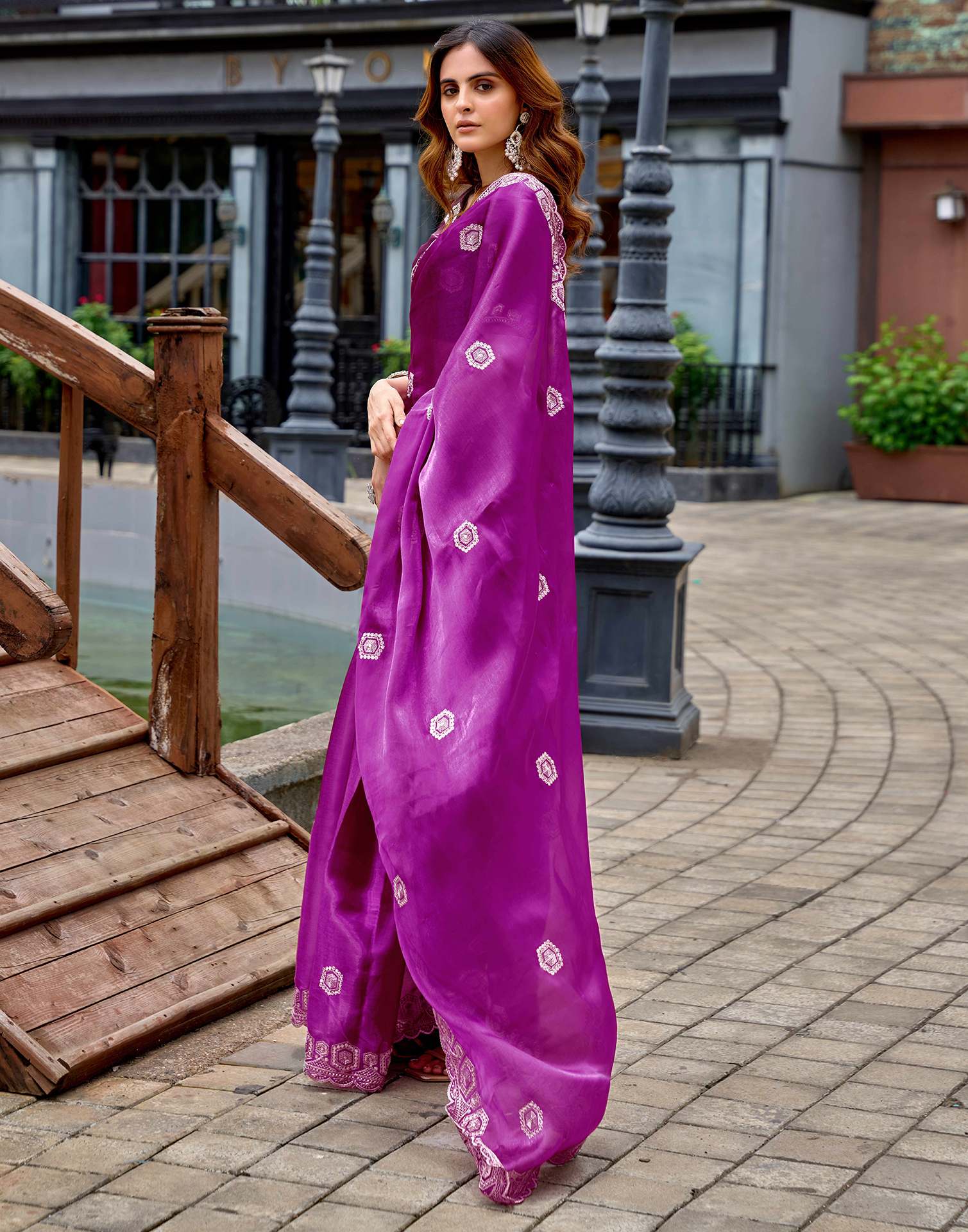 Magenta Tissue Silk Sequence Embroidery Saree