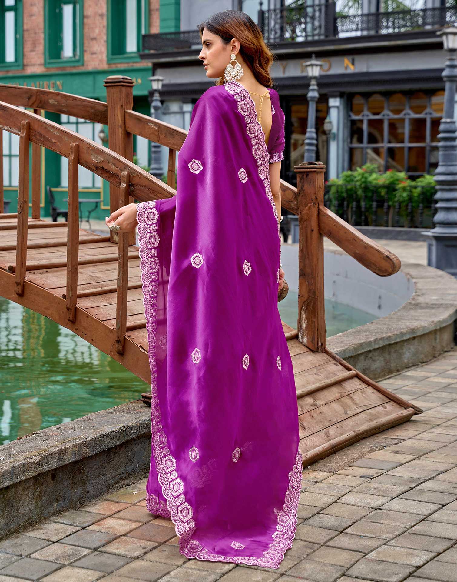 Magenta Tissue Silk Sequence Embroidery Saree
