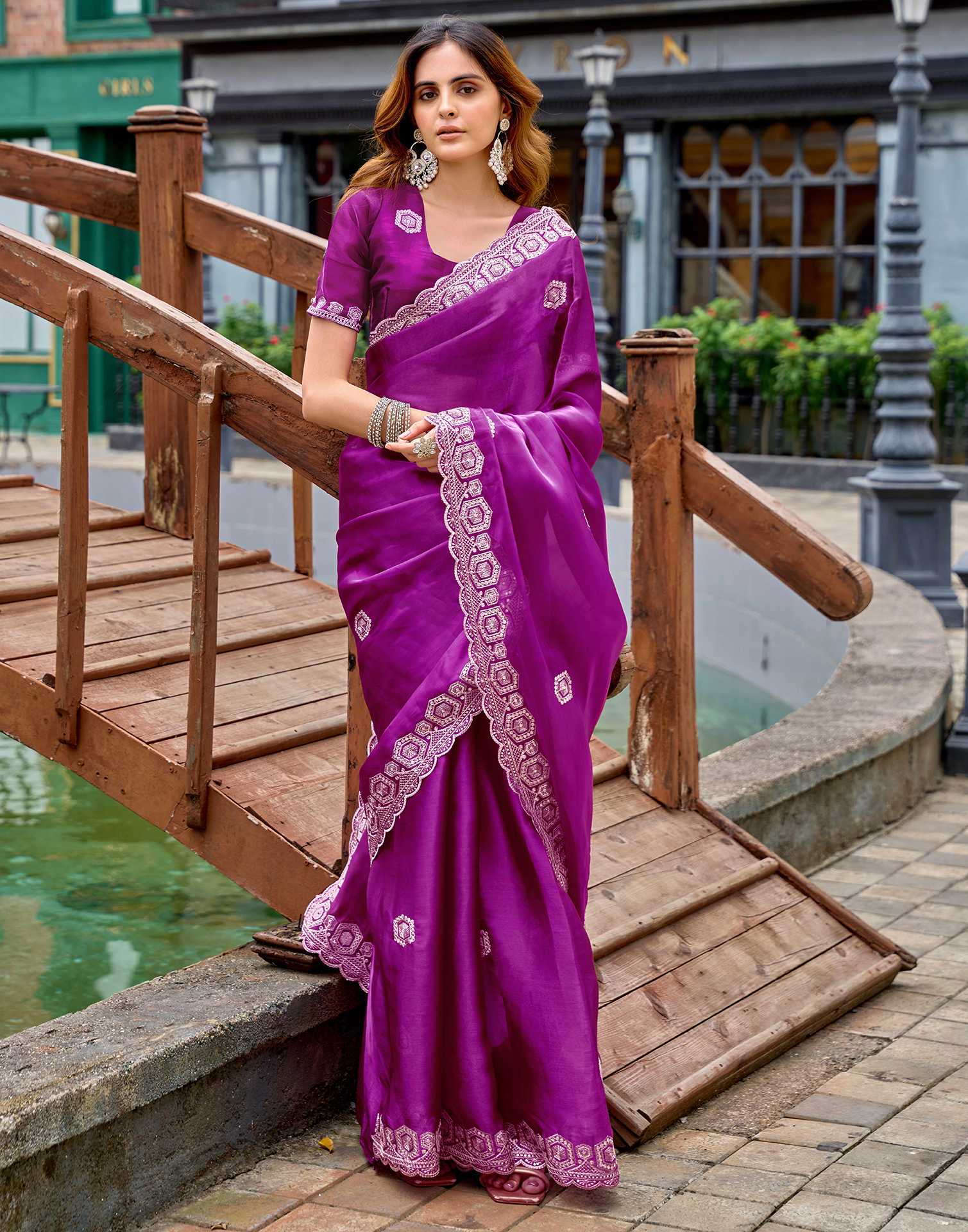 Magenta Tissue Silk Sequence Embroidery Saree