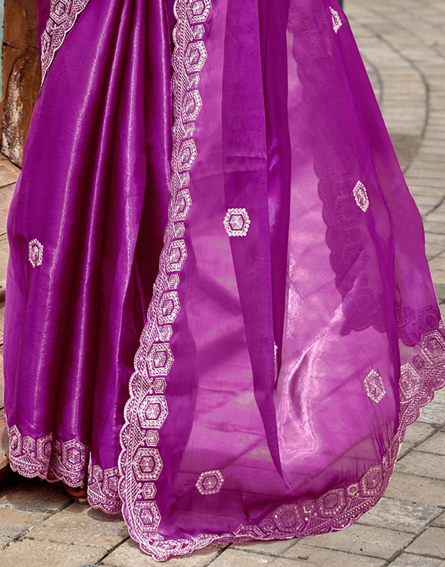 Magenta Tissue Silk Sequence Embroidery Saree