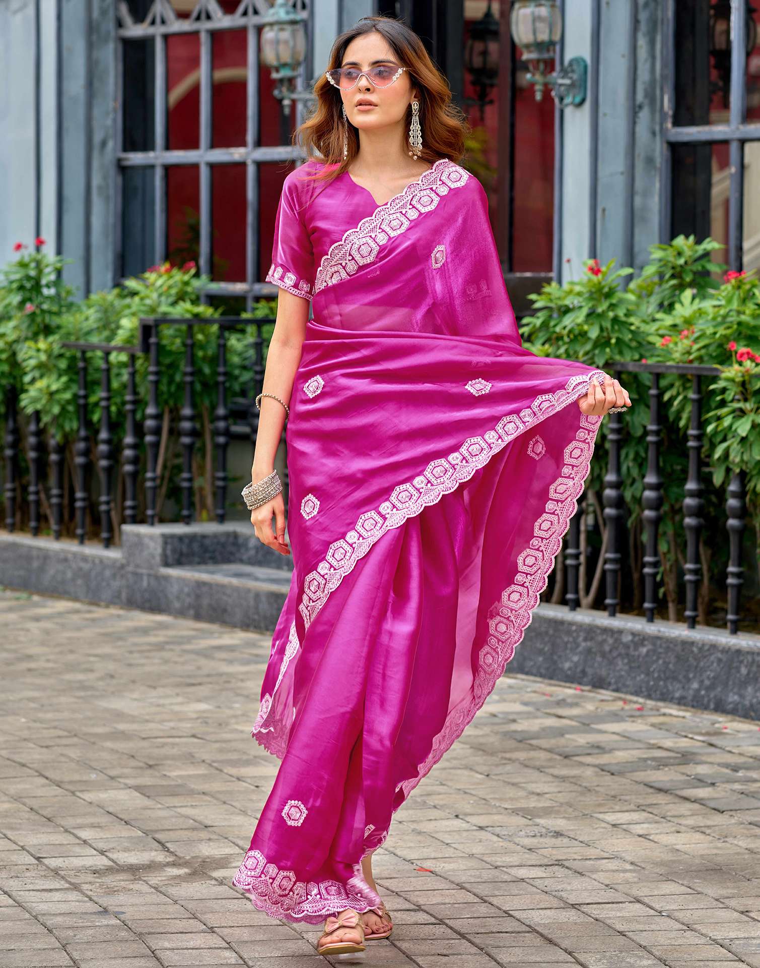 Rani Pink Tissue Silk Sequence Embroidery Saree