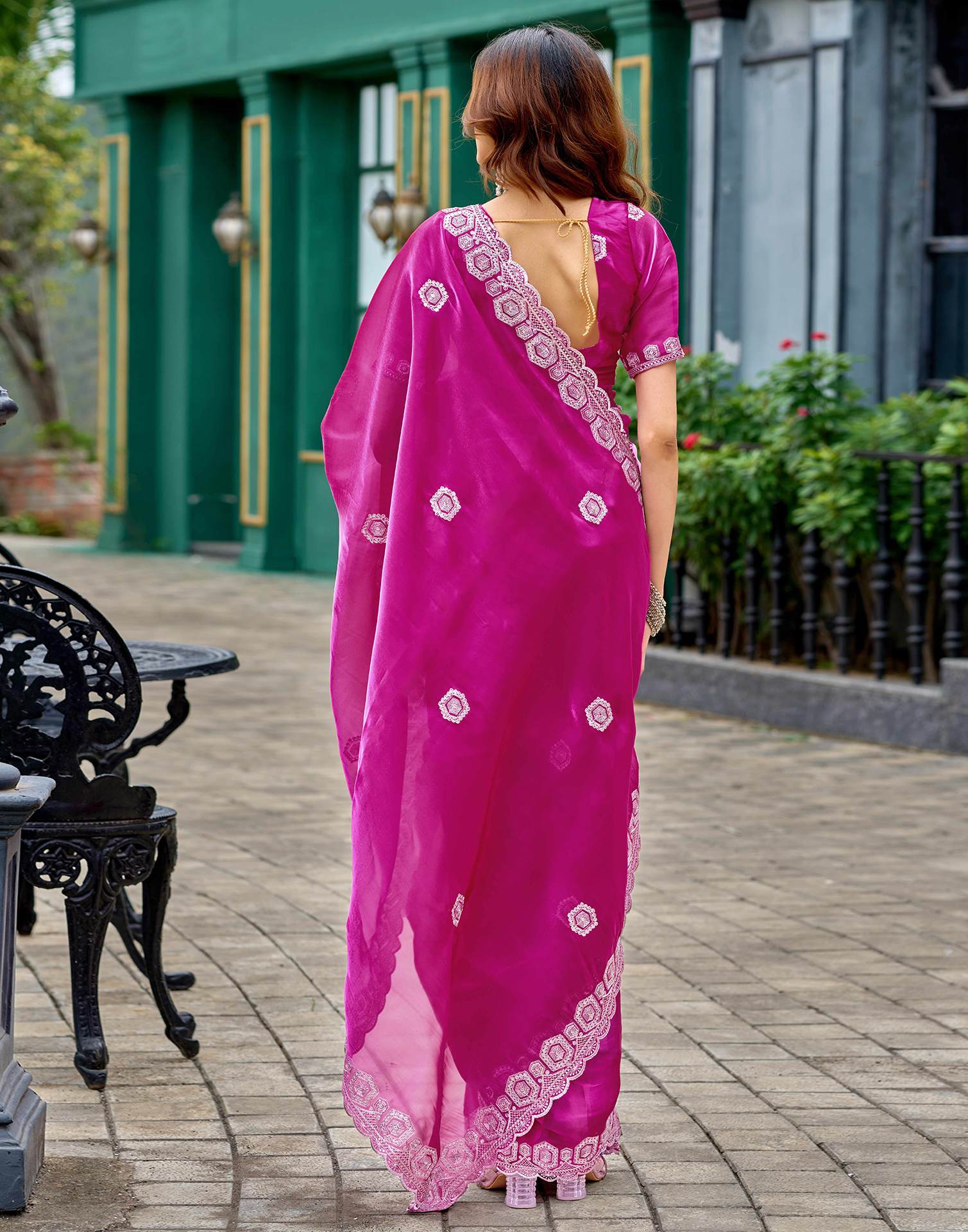 Rani Pink Tissue Silk Sequence Embroidery Saree