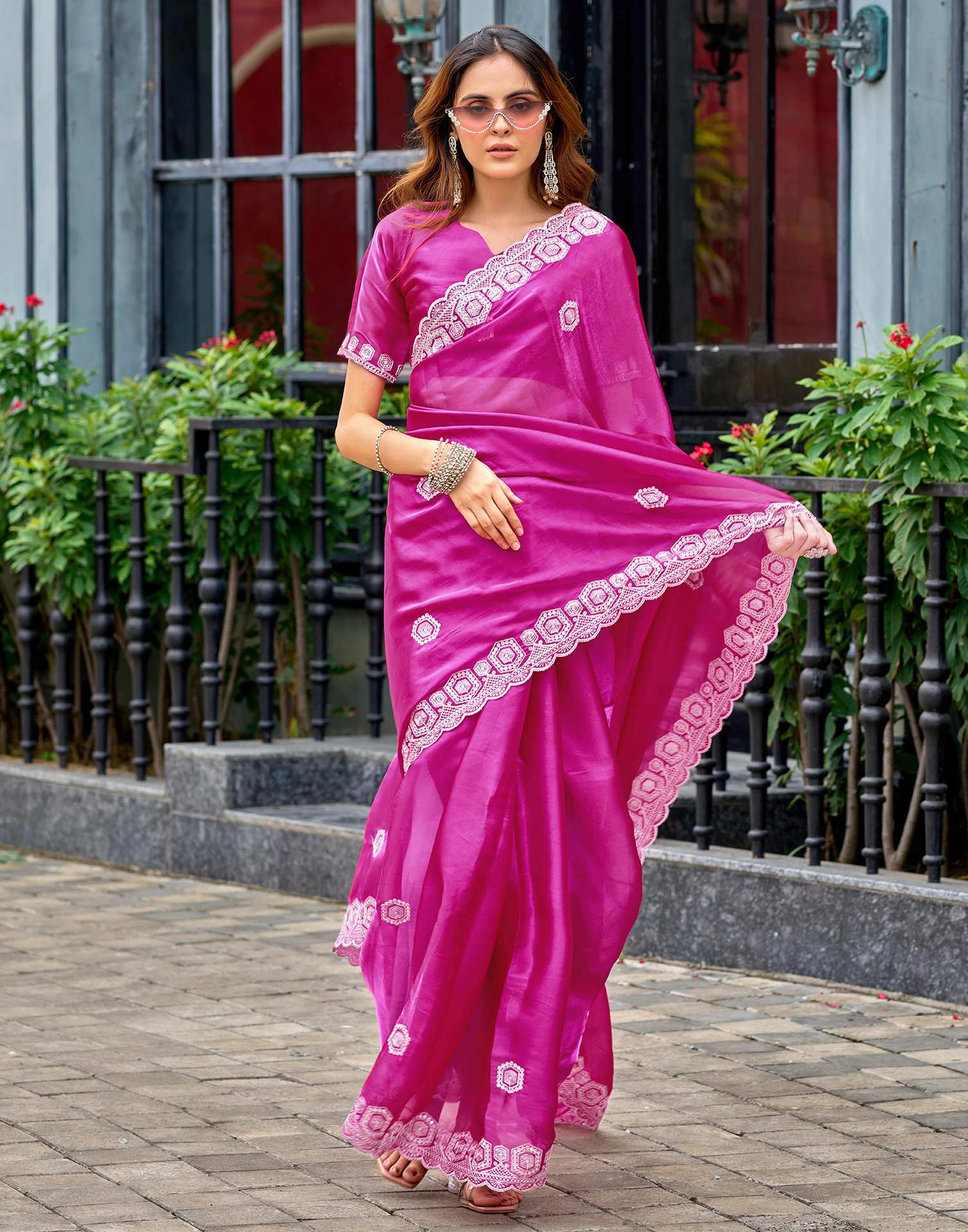 Rani Pink Tissue Silk Sequence Embroidery Saree