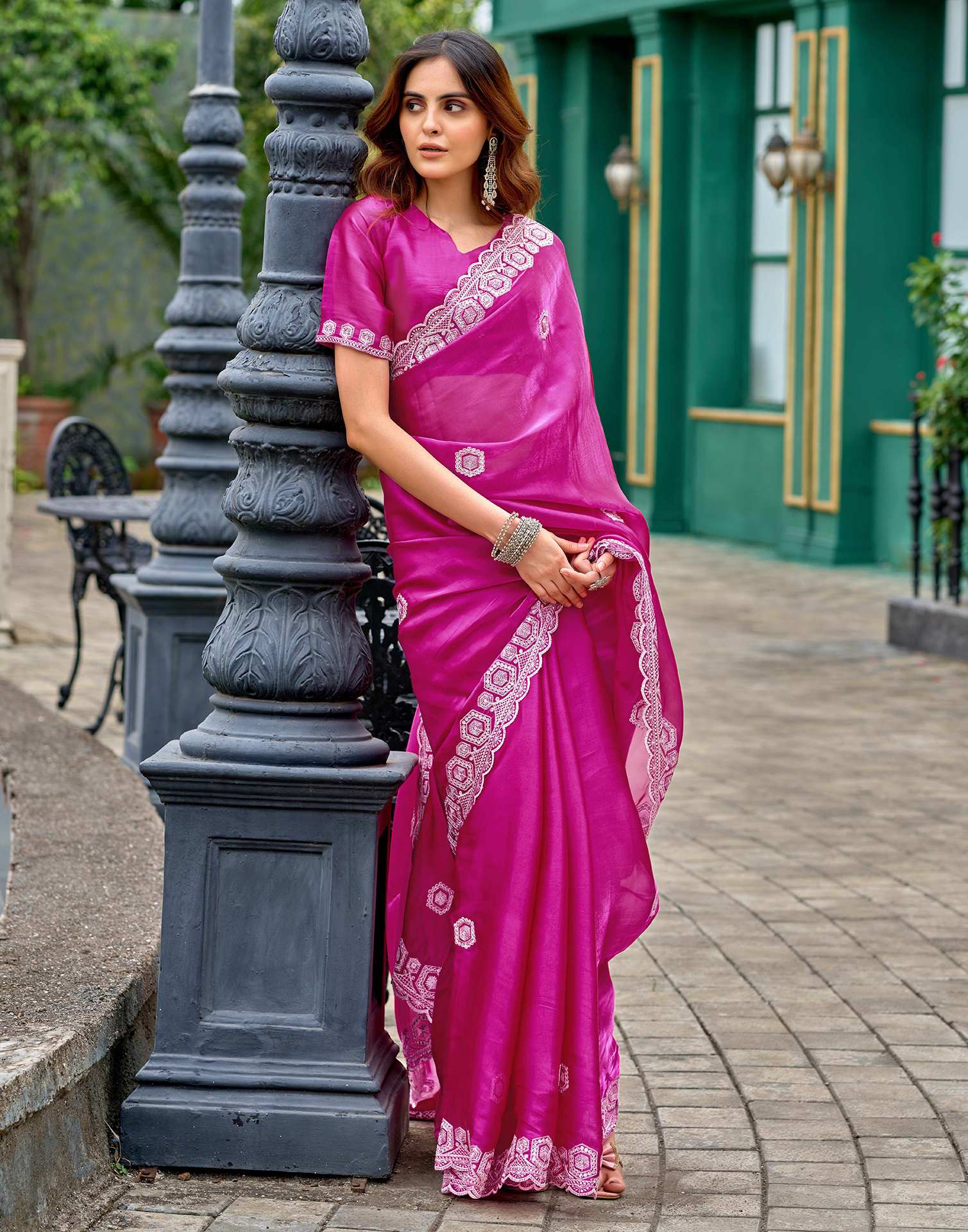 Rani Pink Tissue Silk Sequence Embroidery Saree
