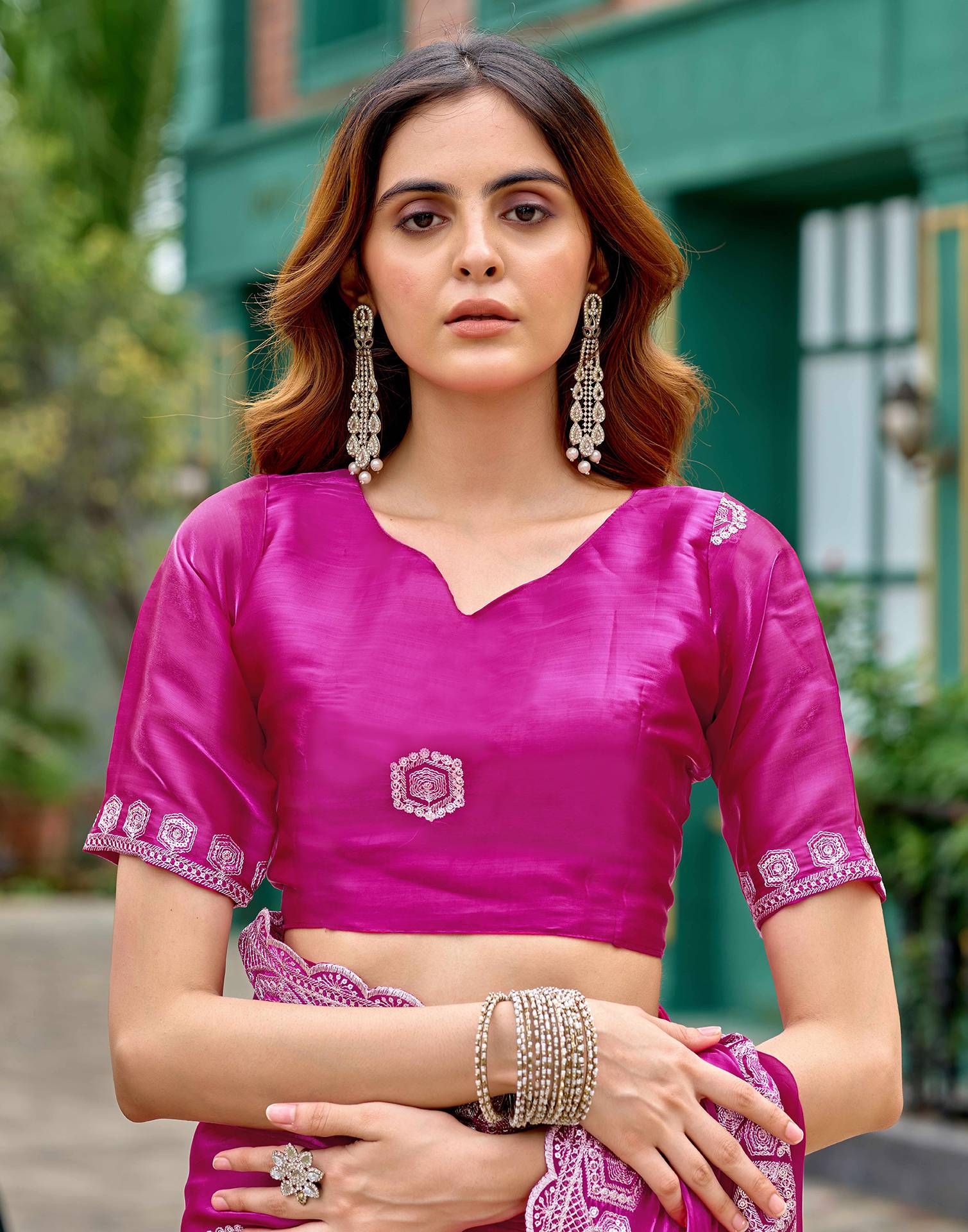 Rani Pink Tissue Silk Sequence Embroidery Saree