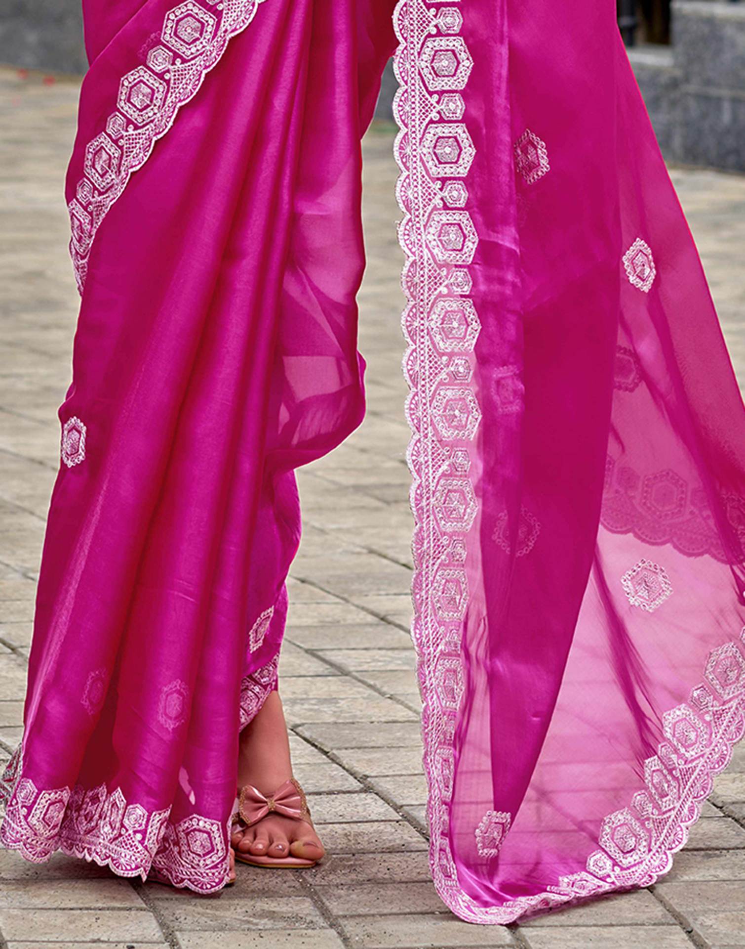 Rani Pink Tissue Silk Sequence Embroidery Saree
