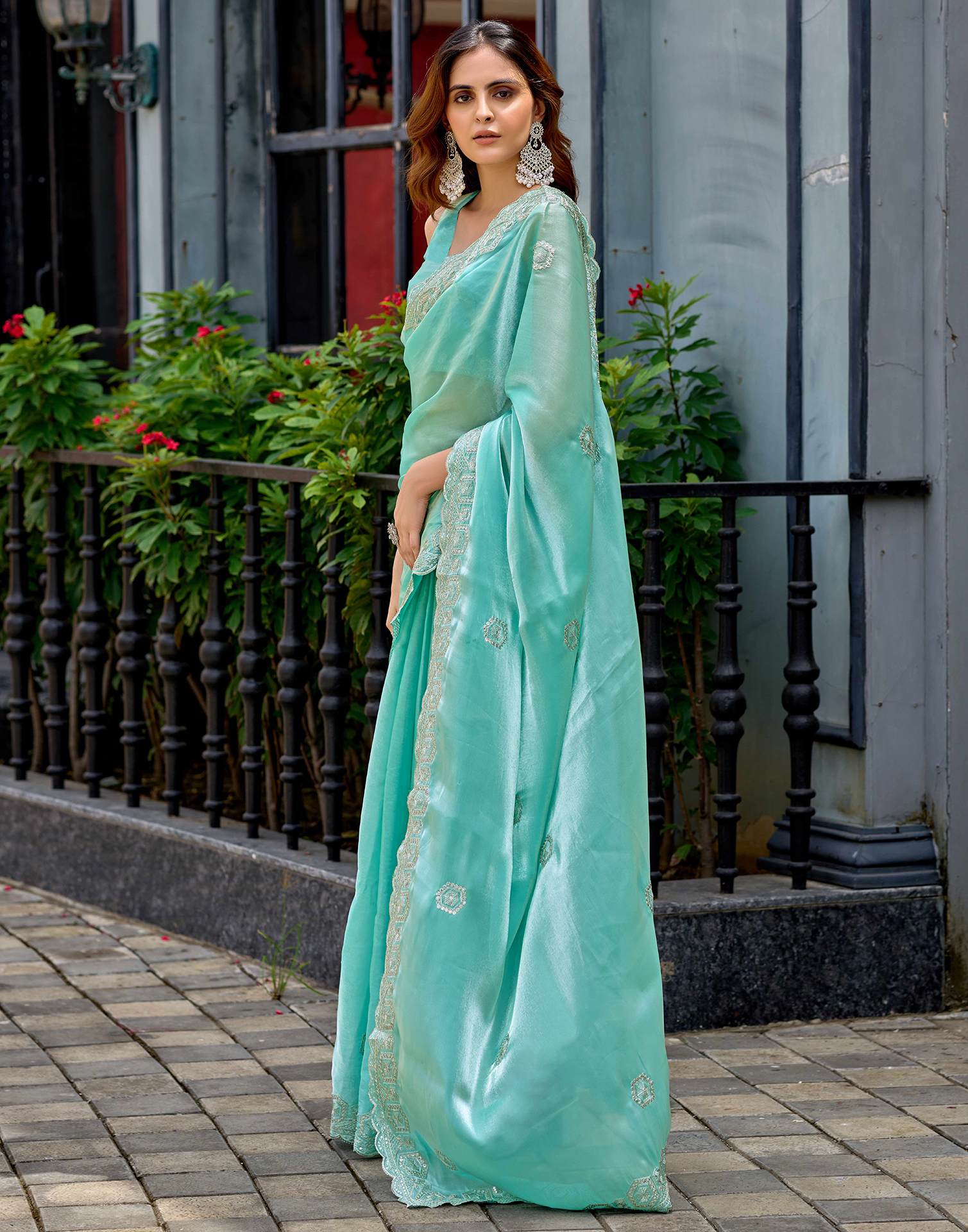 Sky Blue Tissue Silk Sequence Embroidery Saree
