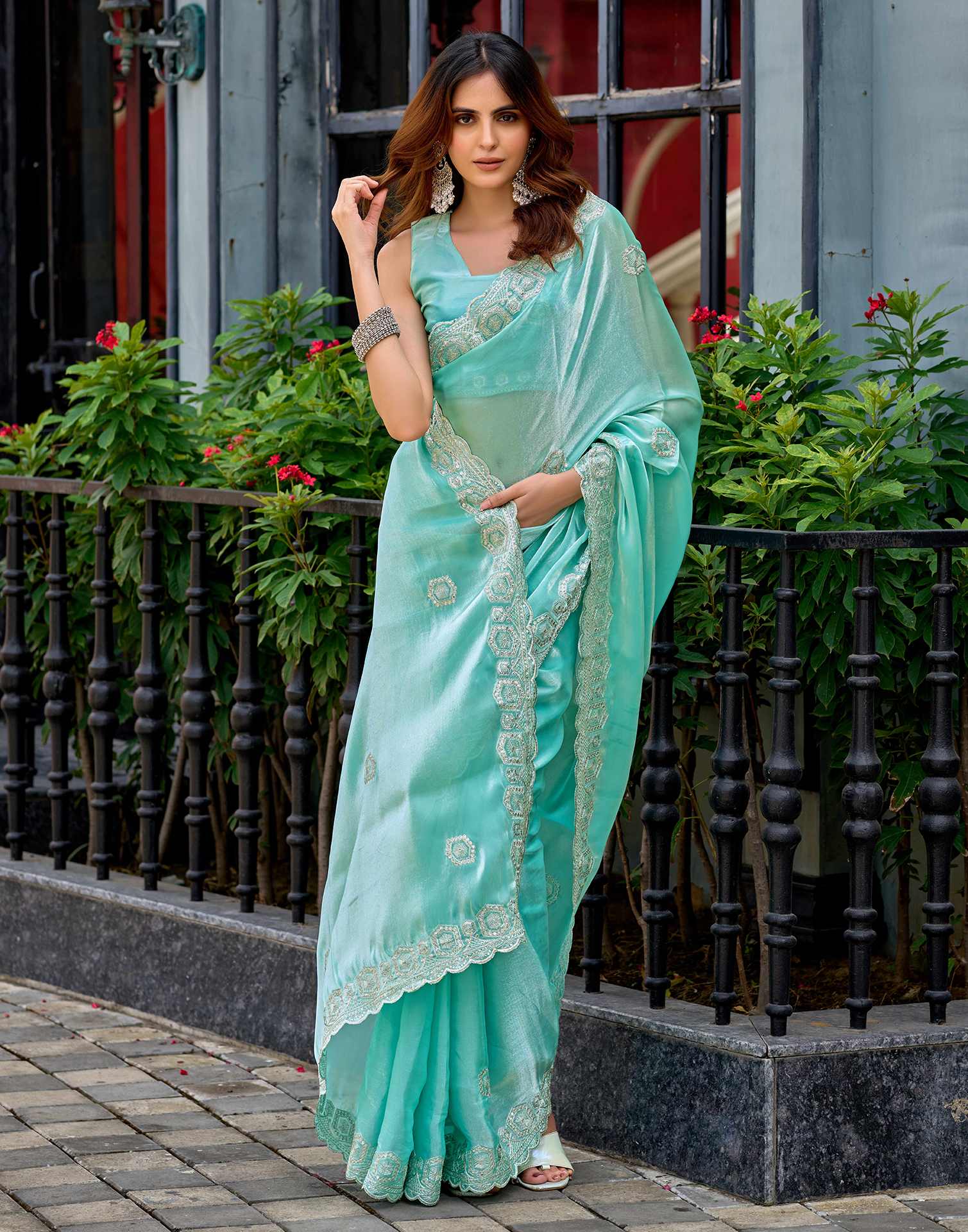 Sky Blue Tissue Silk Sequence Embroidery Saree