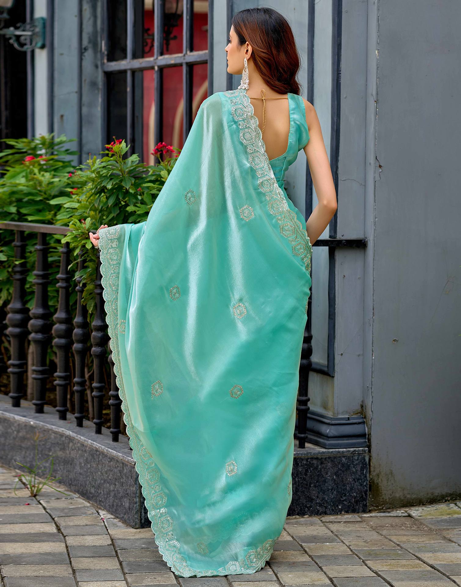 Sky Blue Tissue Silk Sequence Embroidery Saree