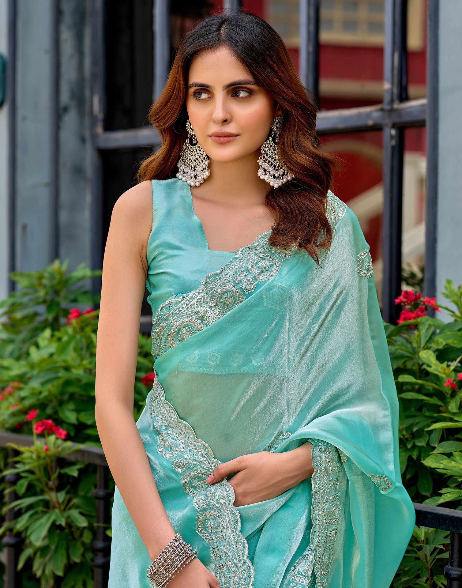Sky Blue Tissue Silk Sequence Embroidery Saree