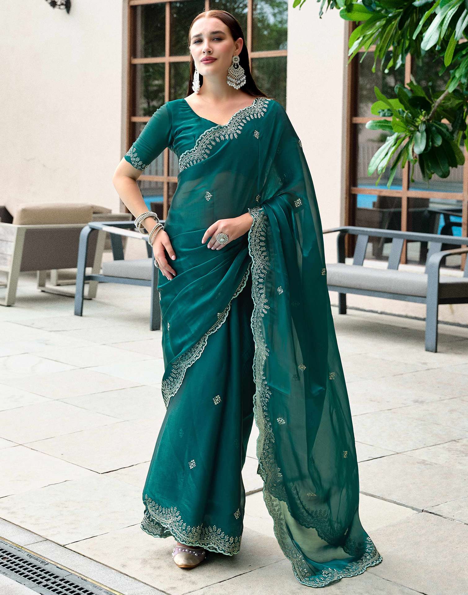 Green Tissue Silk Sequence Embroidery Saree