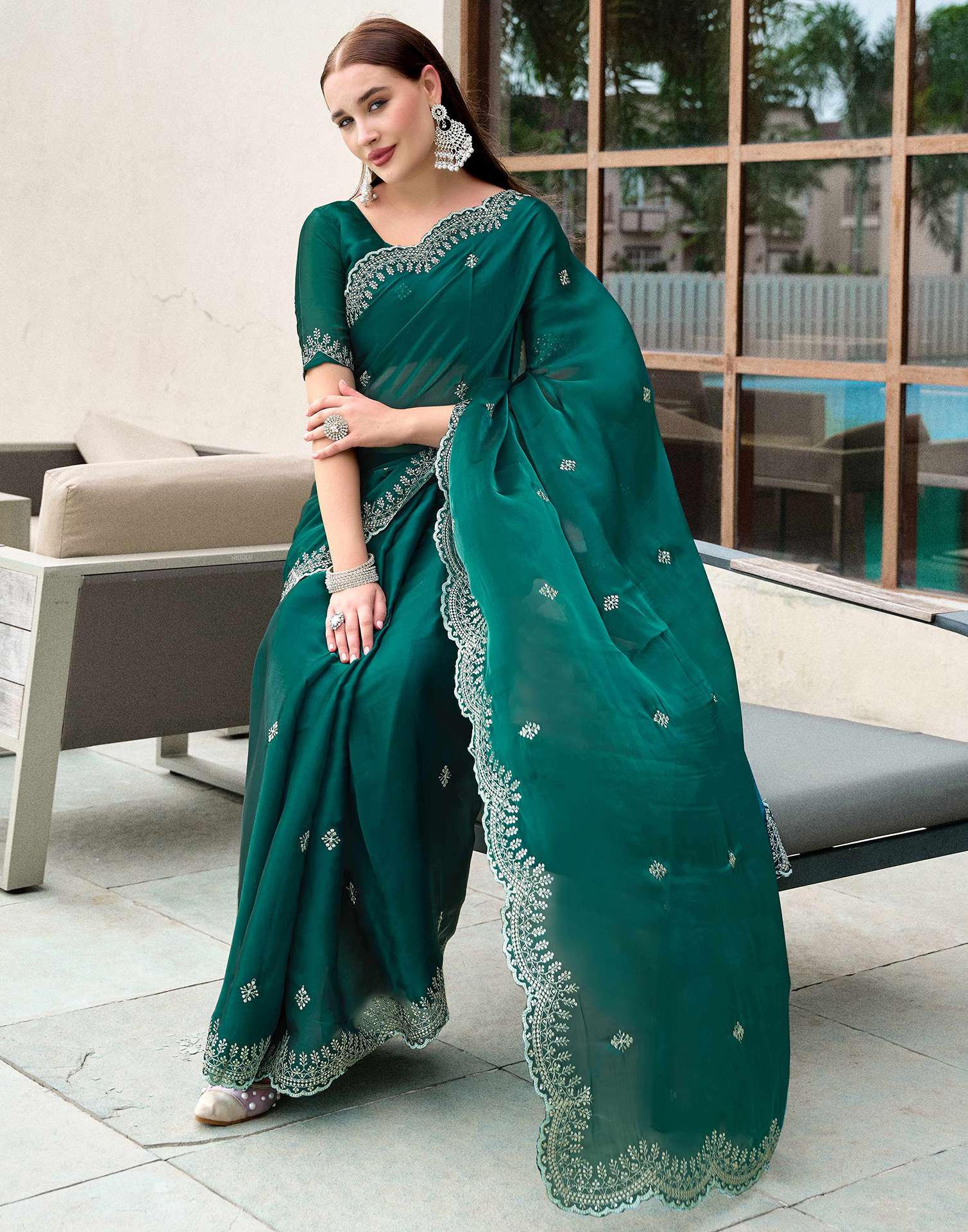 Green Tissue Silk Sequence Embroidery Saree