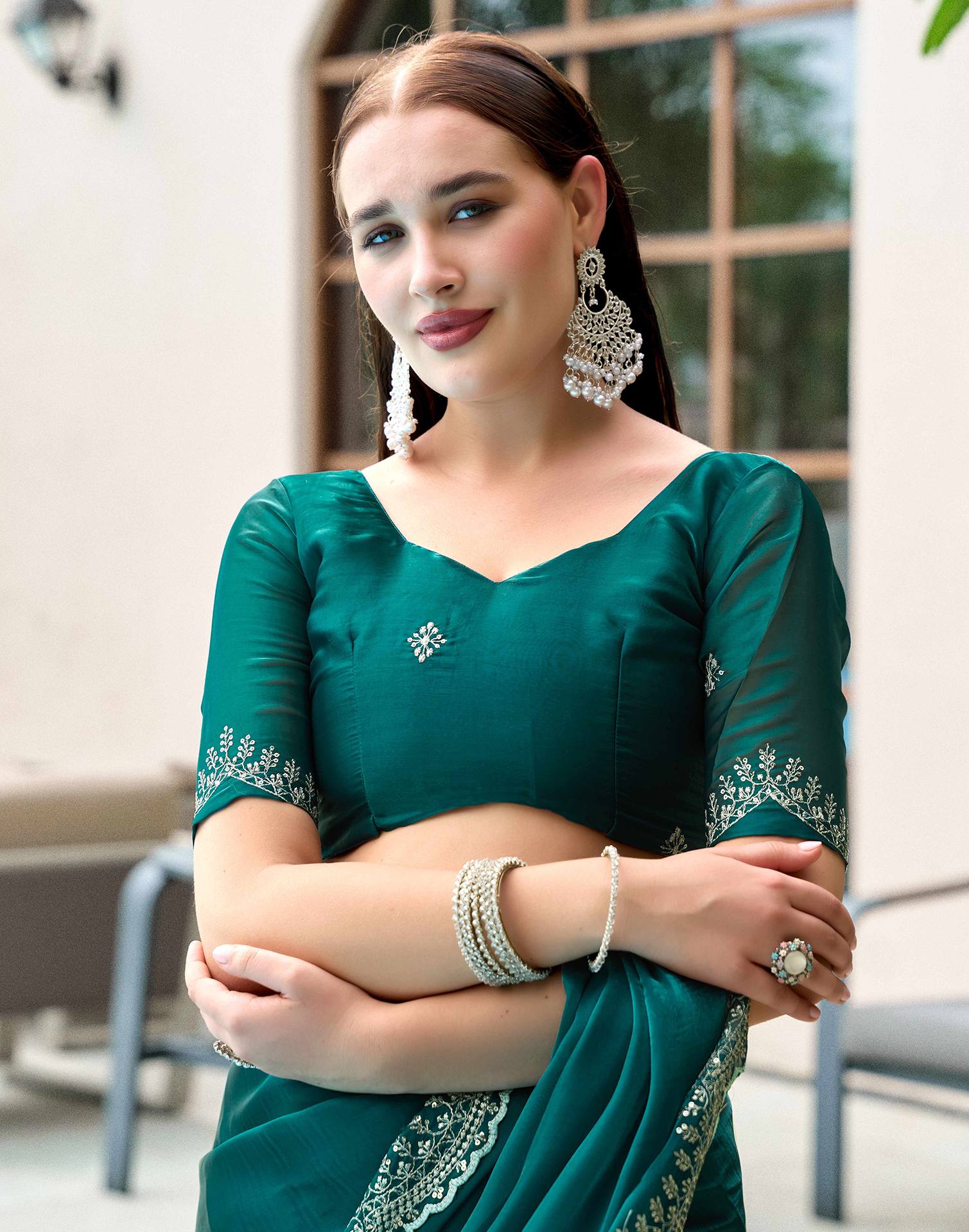 Green Tissue Silk Sequence Embroidery Saree