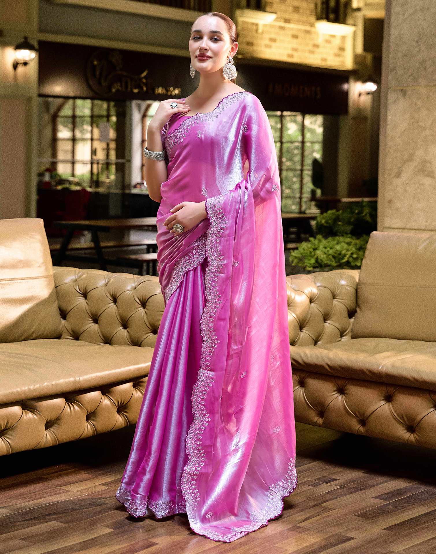 Pink Tissue Silk Sequence Embroidery Saree